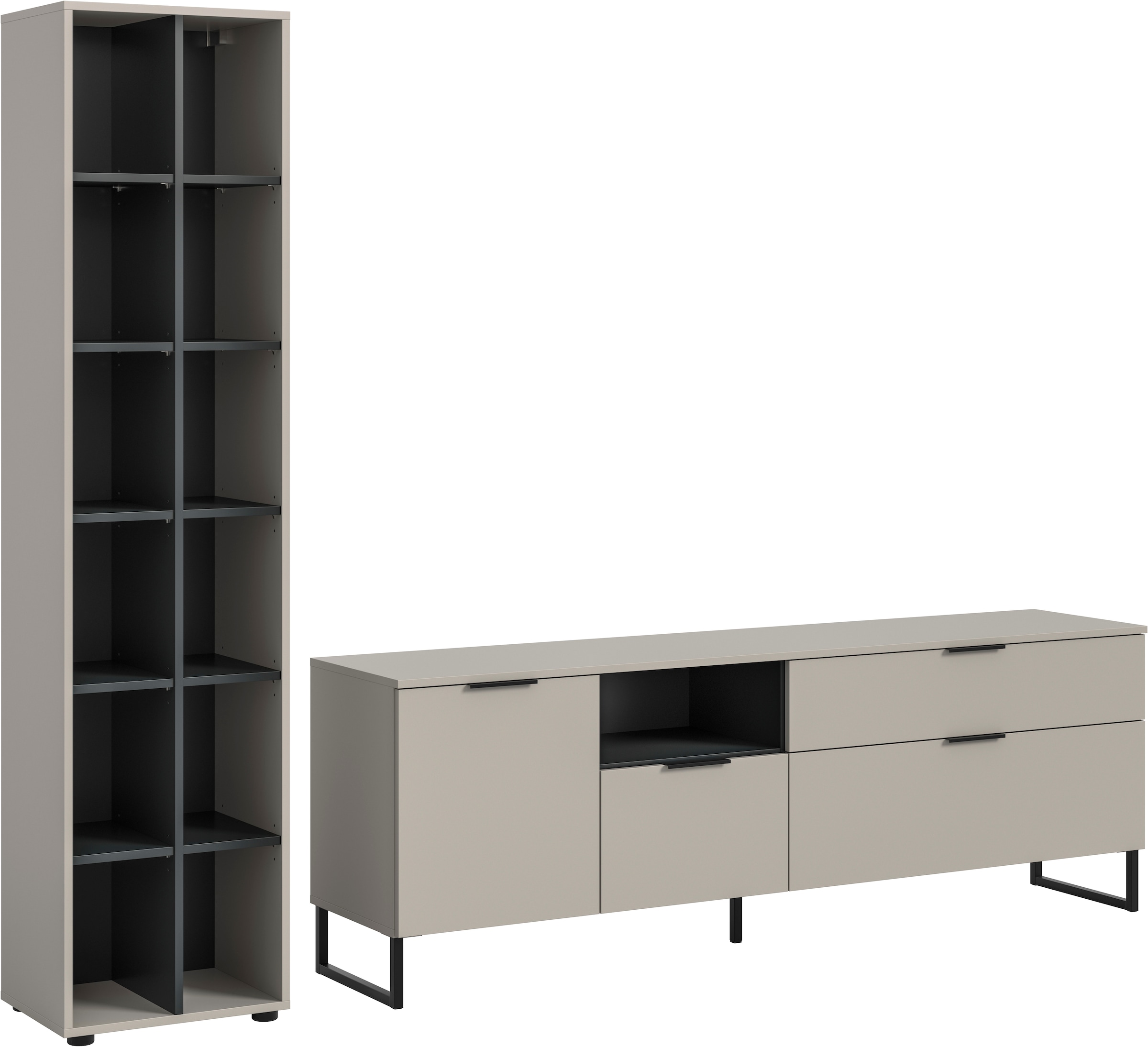 INOSIGN Wohnwand 'ADIO, Breite 245 cm, 2-teiliges Set, mit Metall-Kufenfüße' Set, bestehend aus: Standregal und Lowboard, 2 Stk. tlg. Kombination, Anbauwand, Set, Wohn-Set, Wohnzimmer-Set, Schrankwand