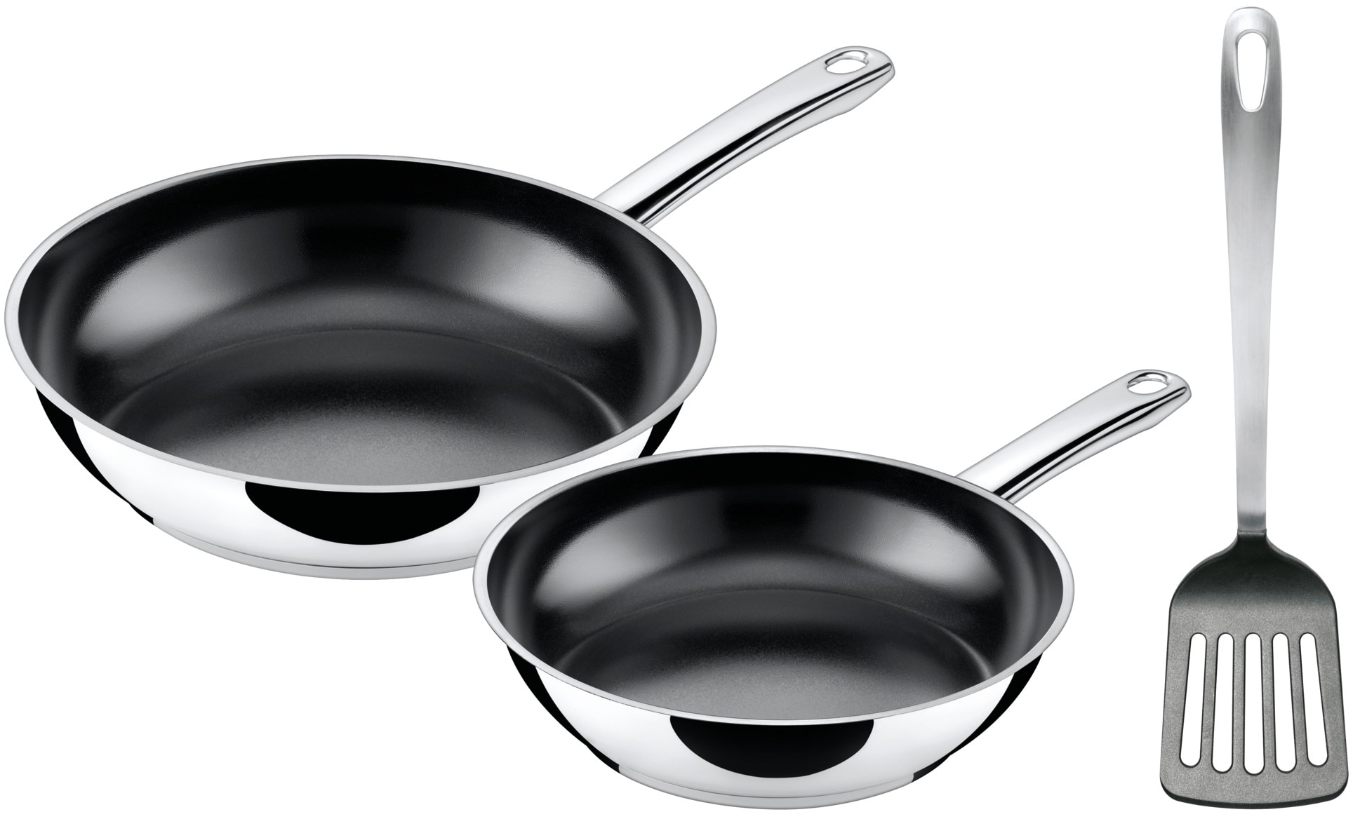 Silit Pfannen-Set 'Talis 3-teilig, mit Pfannenwender, Bratpfanne 24, 20 cm' Cromargan Edelstahl Rostfrei 18/10 Set, je 1 Pfanne Ø 24/20 cm, H: 5 cm, 3 Stk. tlg. Pfanne Induktion, Edelstahl beschichtet, backofenfest bis 250 Grad