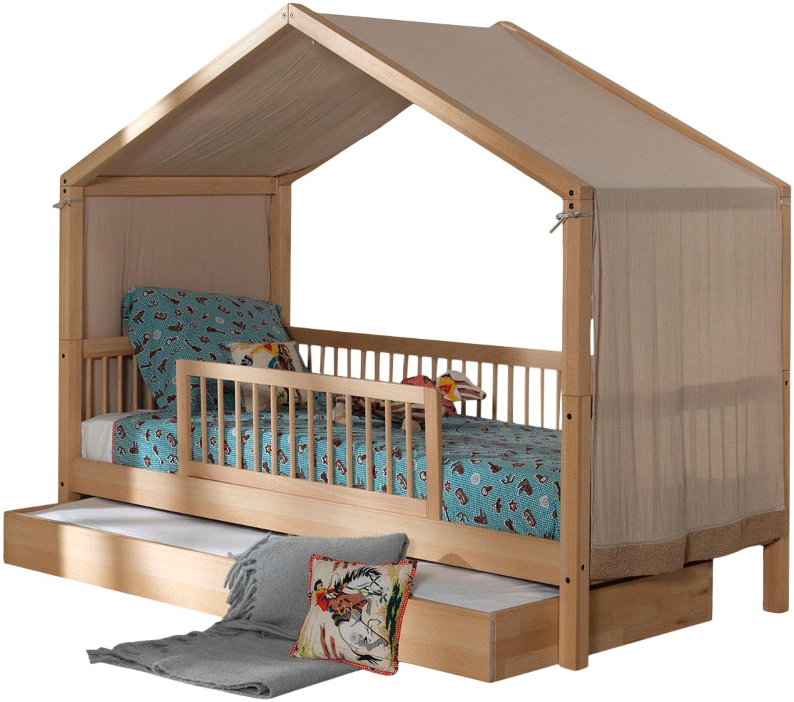 Vipack Hausbett 'Forrest mit hochwertiger und stabiler Verarbeitung, Made in Europe' Buche massiv natur, 90/200 cm, inkl. Rausfallschutz und Bettschublade, wahlweise ohne oder mit Textilhimmel