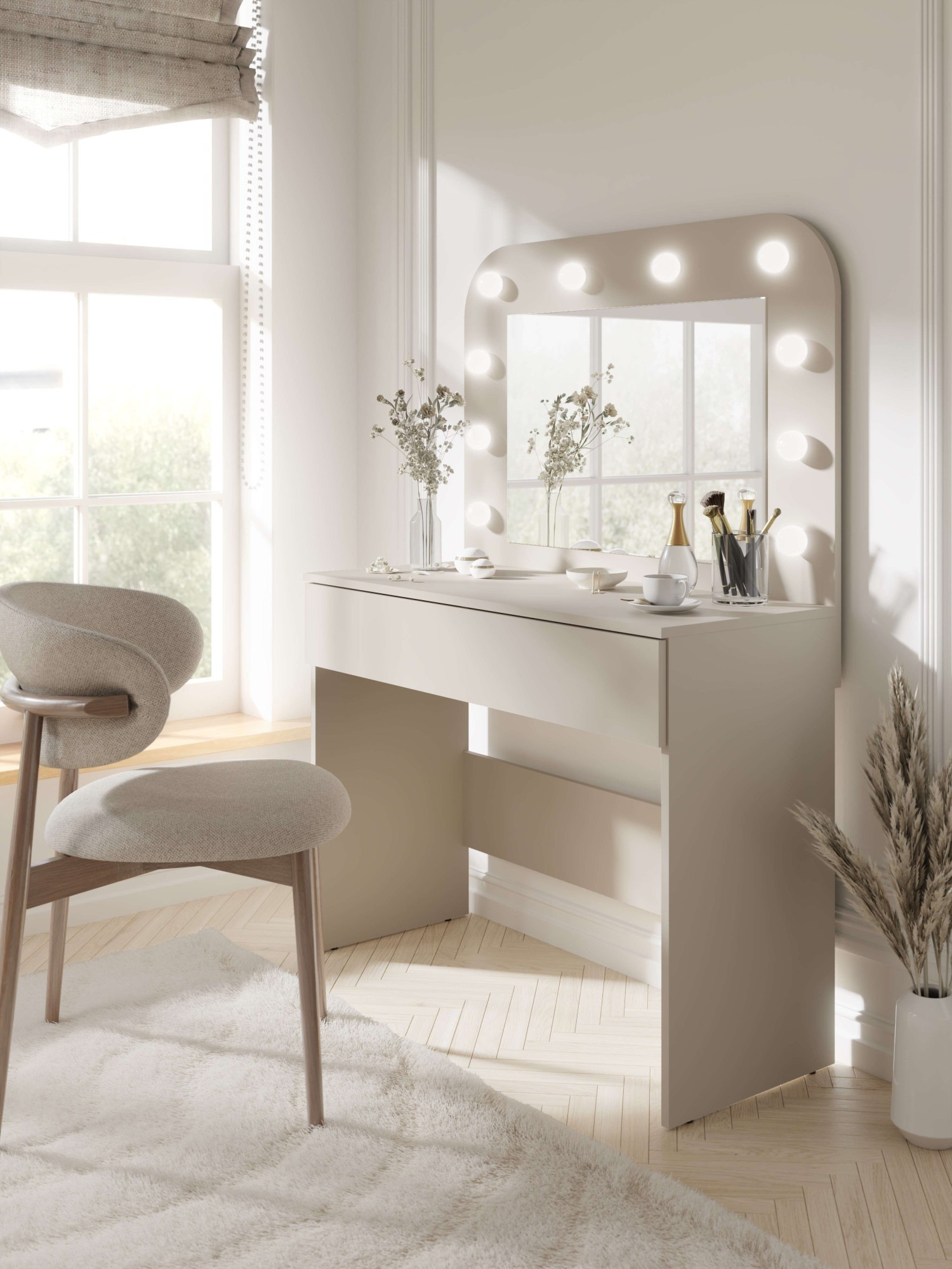OTTO home Schminktisch 'NANCY,BE A STAR Hollywood Spiegel+Beleuchtung, Schublade Soft Close' B/T/H: 100/42,5/142cm, Farbei Kaschmir Beige, Kosmetiktisch mit viel Stauraum, LED, Soft-Close