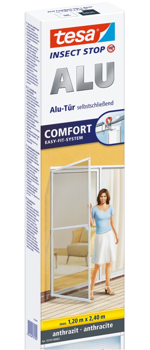 tesa Insektenschutz-Tür 'Insect Stop ALU Comfort Fliegengitter für Türen - 1.2 m : 2.4 m' Packung, Fliegennetz, Aluminiumrahmen, 1 Stk. tlg. Insektenschutz für Balkontür, Terrassentür, Aluminiumrahmen