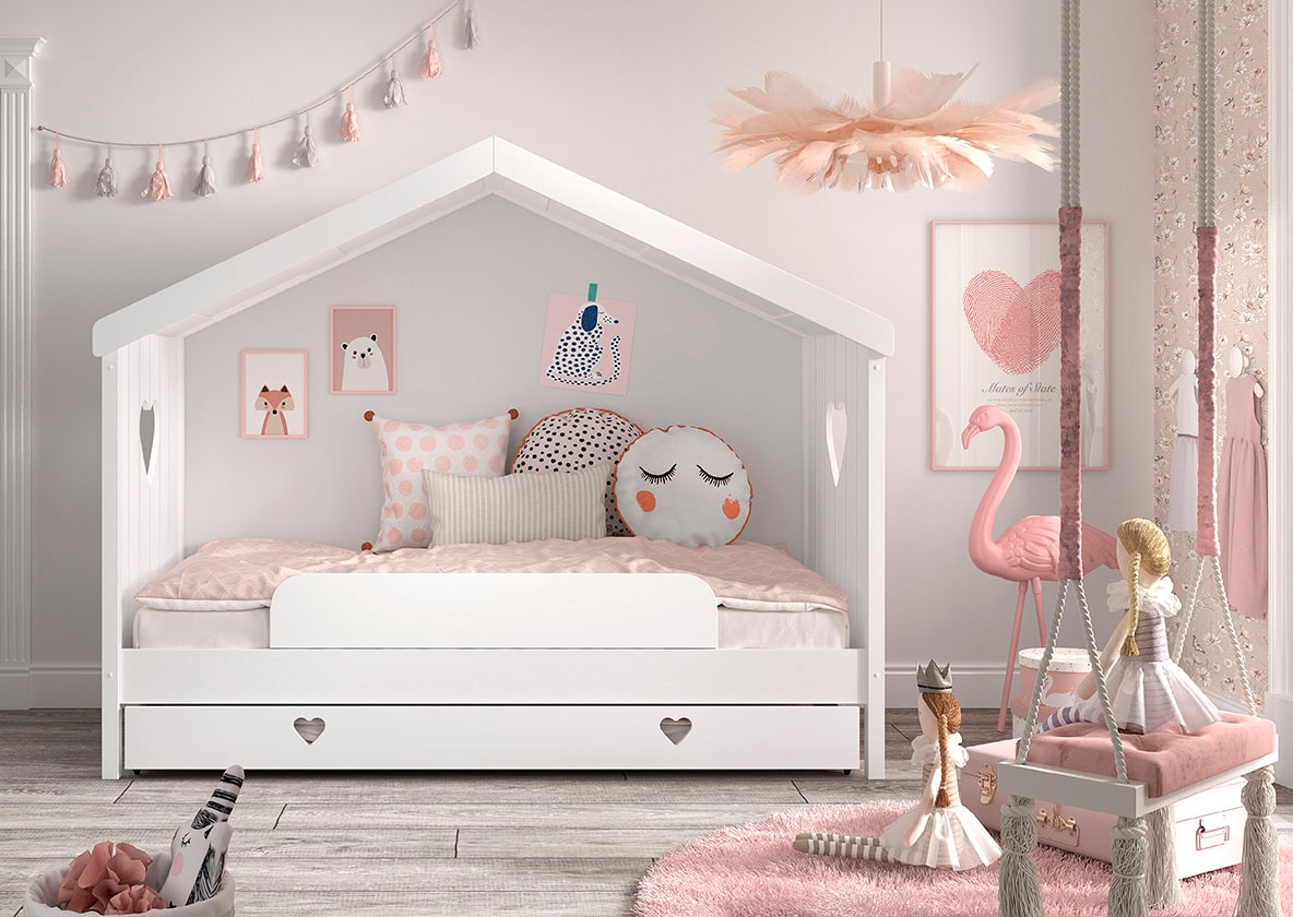Vipack Hausbett 'Amori, inkl. Dach, Rückseitig offen, mit Rolllattenrost' B/H/T ca. 213x171,7x98,7cm, verspielte Herz-Ausschnitte seitlich, wahlweise, mit oder ohne Schublade und Absturzschutz, weiß lackiert