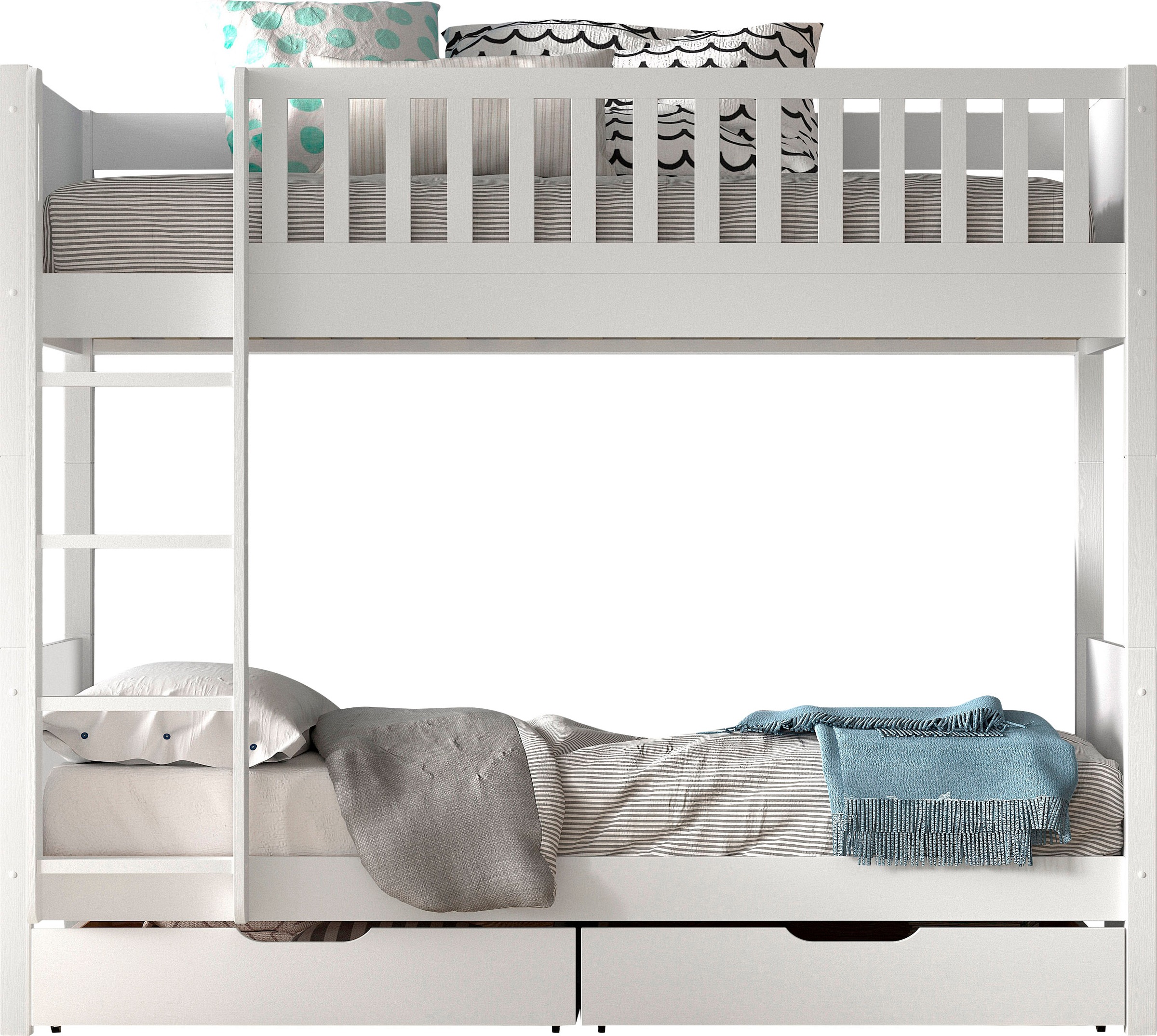Vipack Etagenbett 'Scott, Kiefer massiv, stabil gebaut, Made in Europe, Landhaus-Optik' B/H/T ca. 208x175x105cm, inkl. Rolllattenroste, Leiter, Absturzschutz, wahlweise mit 2 kleinen oder 1 großen Bettschublade auf Rollen