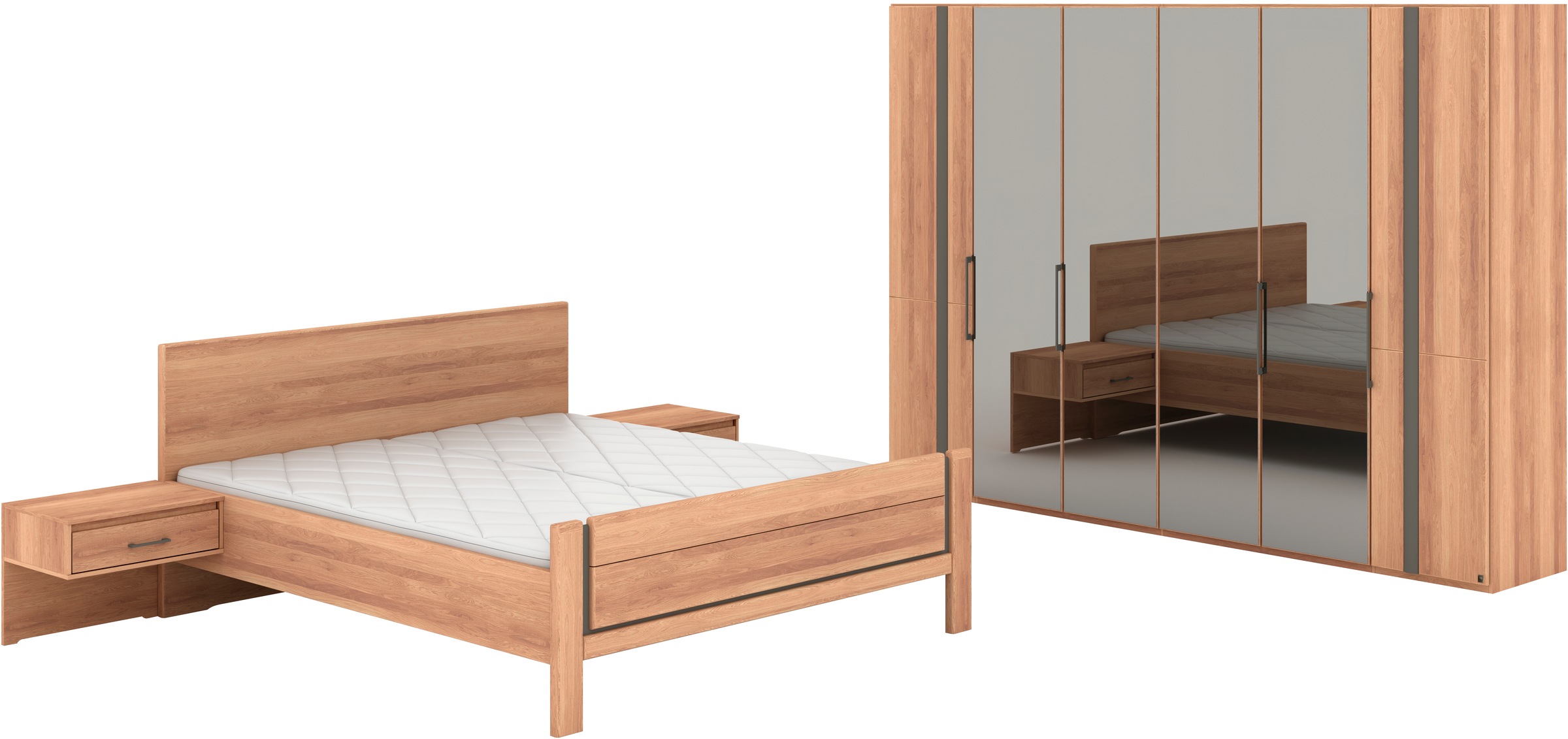 Musterring Schlafzimmer-Set 'Sorrent, Kleiderschrank, Bett & Nachtkommoden, teilmassiv Eiche' 2er-Set Nachtschränke, Drehtürenschrank 300 cm, Bett 180x200 cm, Bett mit Stollenfuß, Eiche teilmassiv, Spiegeltüren in Parsol-Bronze
