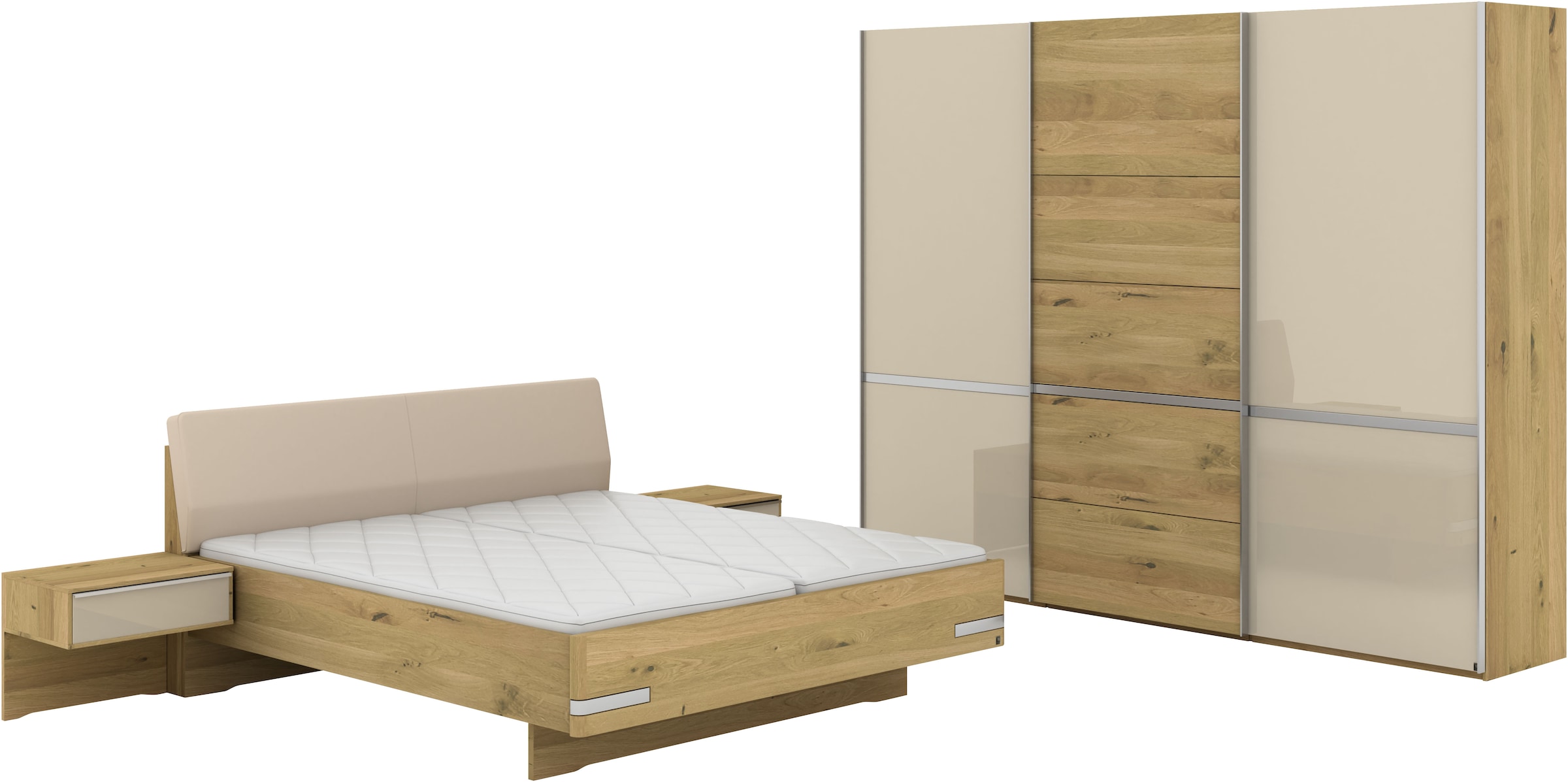 Musterring Schlafzimmer-Set 'Savona, Kleiderschrank, Bett & Nachtkommoden, teilmassiv Bianco-Eiche' 2er-Set Nachtschränke, Schwebetürenschrank, Bett 180x200 cm, Kopfteil Bett Kunstleder Champagner, Schrank mit Eiche- und Glastüren