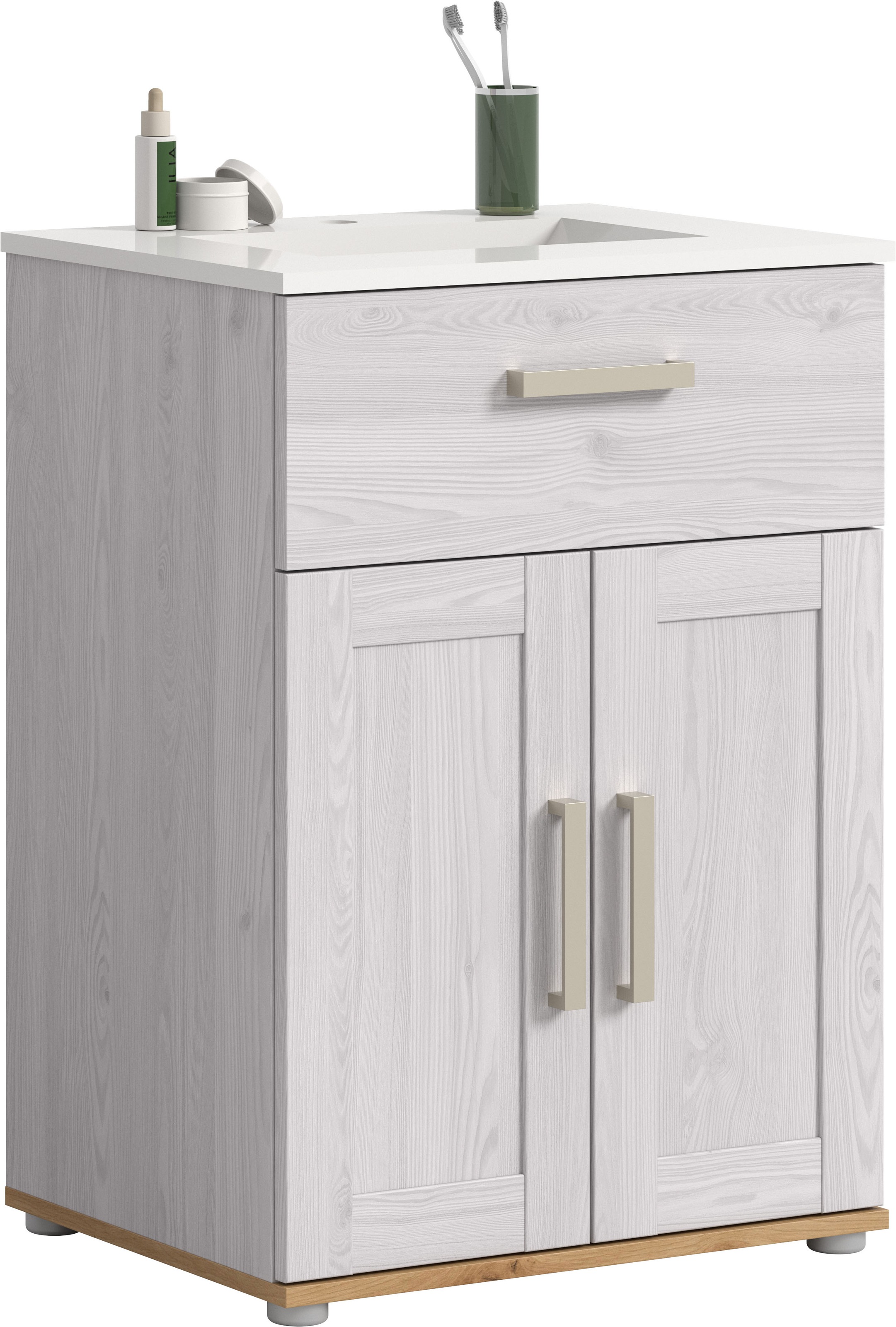 welltime Waschtisch 'COSENZA, inkl. Keramik-Waschbecken, 2 Türen, 1 Schubkasten' in Landhausoptik, mit weiteren Artikel der Serie kombinierbar, 2 Stk. tlg. Waschbecken, Waschbeckenschrank, Badezimmer, Bad, Waschtisch, Kommode