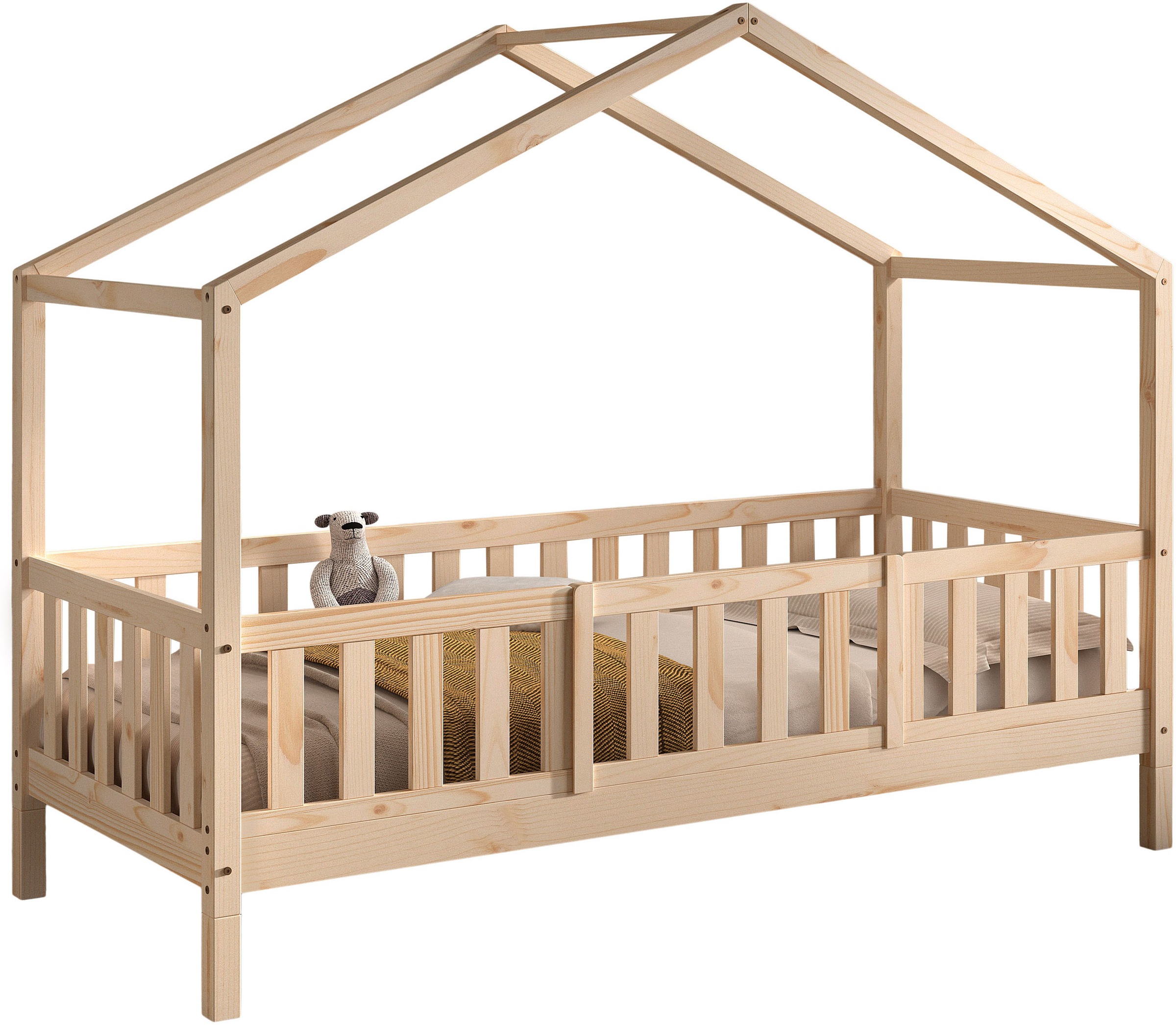 Vipack Hausbett 'Dallas, Massivholzbett mit Dachaufbau umbaubar vom Boden- zum Daybett' inkl. Lattenrost, Rausfallschutz, Sprossen, 90 oder 140x200 cm breit, stabil und standfest gebaut, wahlweise Kiefer massiv natur oder weiß