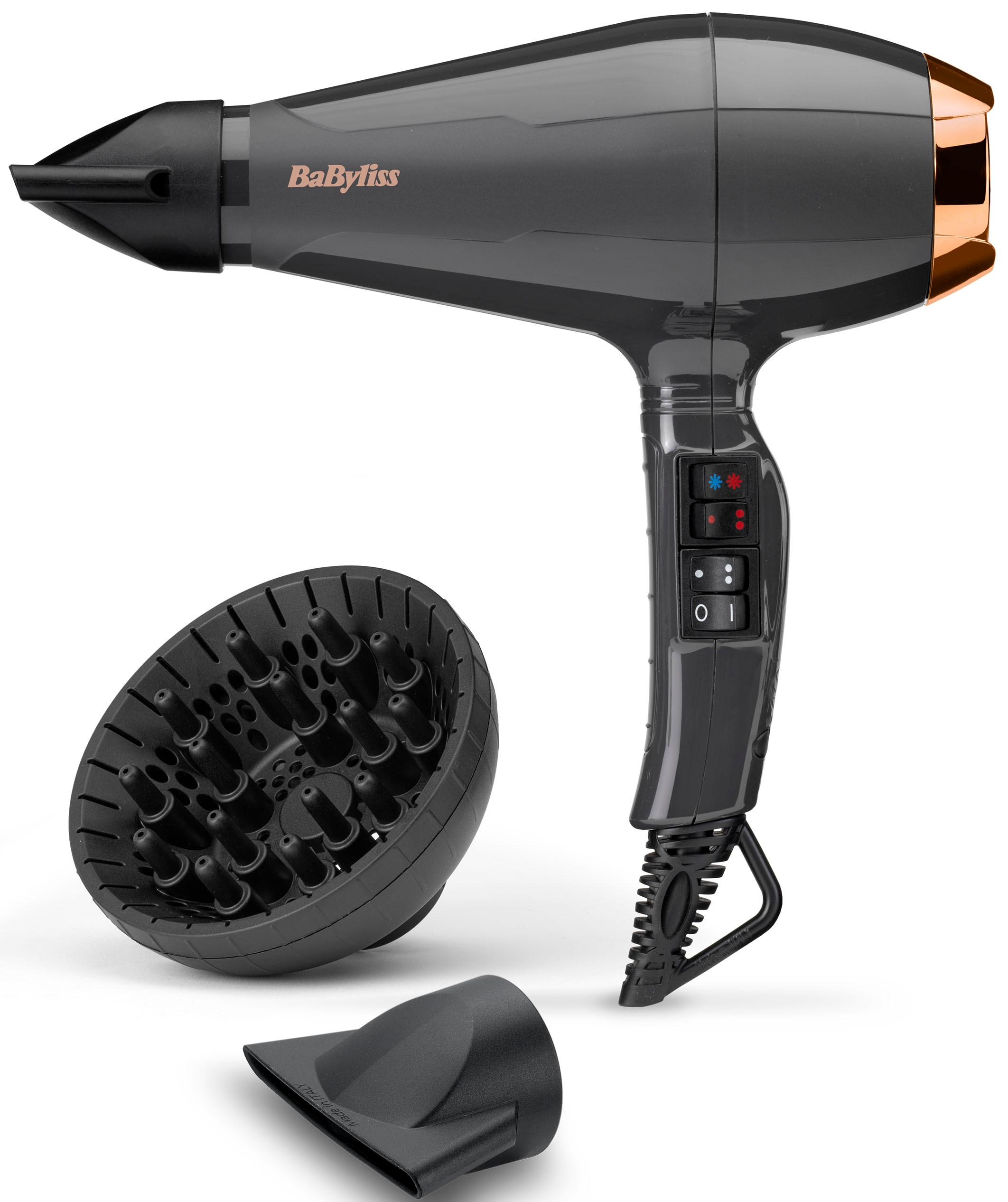 BaByliss Ionic-Haartrockner 'BaByliss Italian Air Pro Haartrockner mit Ionen-Technologie, 6719DE' 2.200 W 3 Aufsätze Anti-Frizz, Föhn mit 2 Zentrierdüsen und Diffusor, AC-Motor, 2200 W
