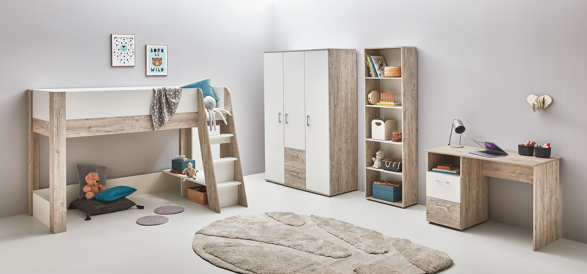 OTTO home Jugendzimmer-Set 'Set 'Rieke', viel Stauraum' Spar-Set, Kleiderschrank 3 türig, Hochbett, Standregal, Schreibtisch, 4 Stk. tlg. Hochbett, Etagenbett, Ablagefach unter dem Bett, Blauer Engel