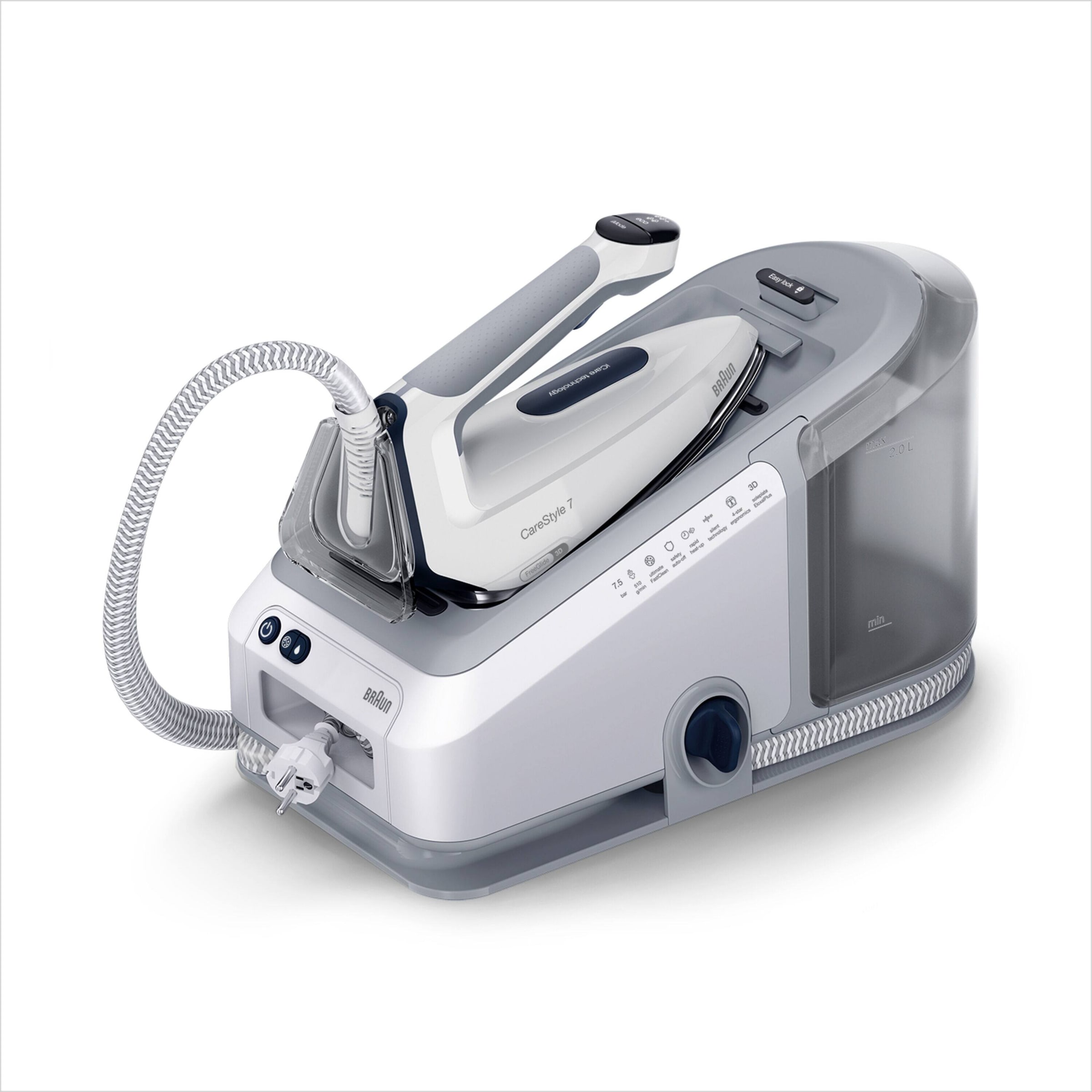 Braun Dampfbügelstation 'CareStyle 7 IS 7262 GY - 7,5 bar, 510 g Dampfstoß, 2,0 l Wassertank' 2.000 ml Wassertank 150 g Dampfmenge, EloxalPlus Bügelsohle, Ultimate FastClean Entkalkung