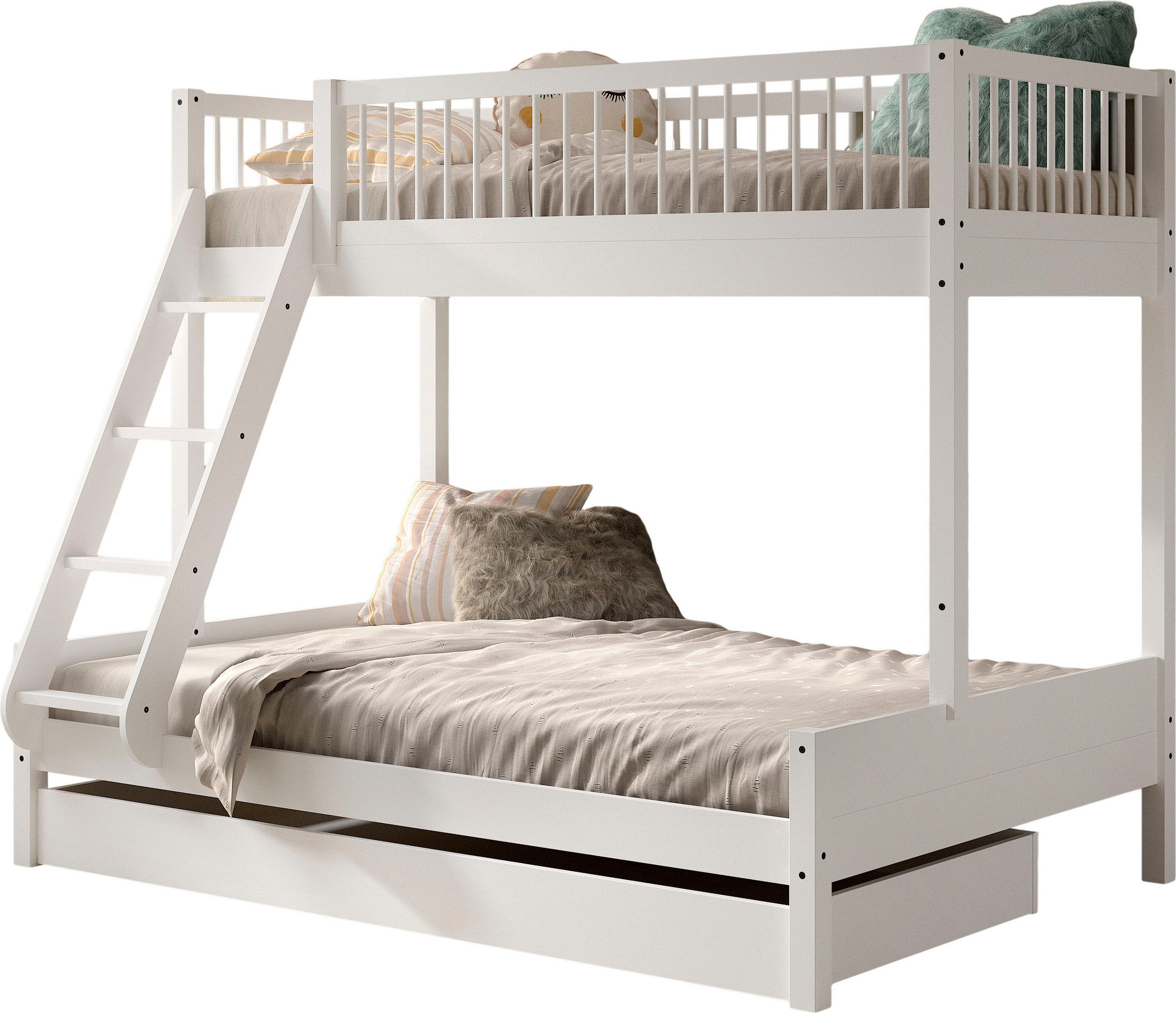 Vipack Etagenbett 'Forrest Massivholzbett Made in Europe, stabil und hochwertig gebaut' Liegefläche 90/140x200cm, mit Leiter, Rolllattenrost u. Bettschublade, mit Absturzschutz oben in Sprossenoptik, Buche weiß lackiert