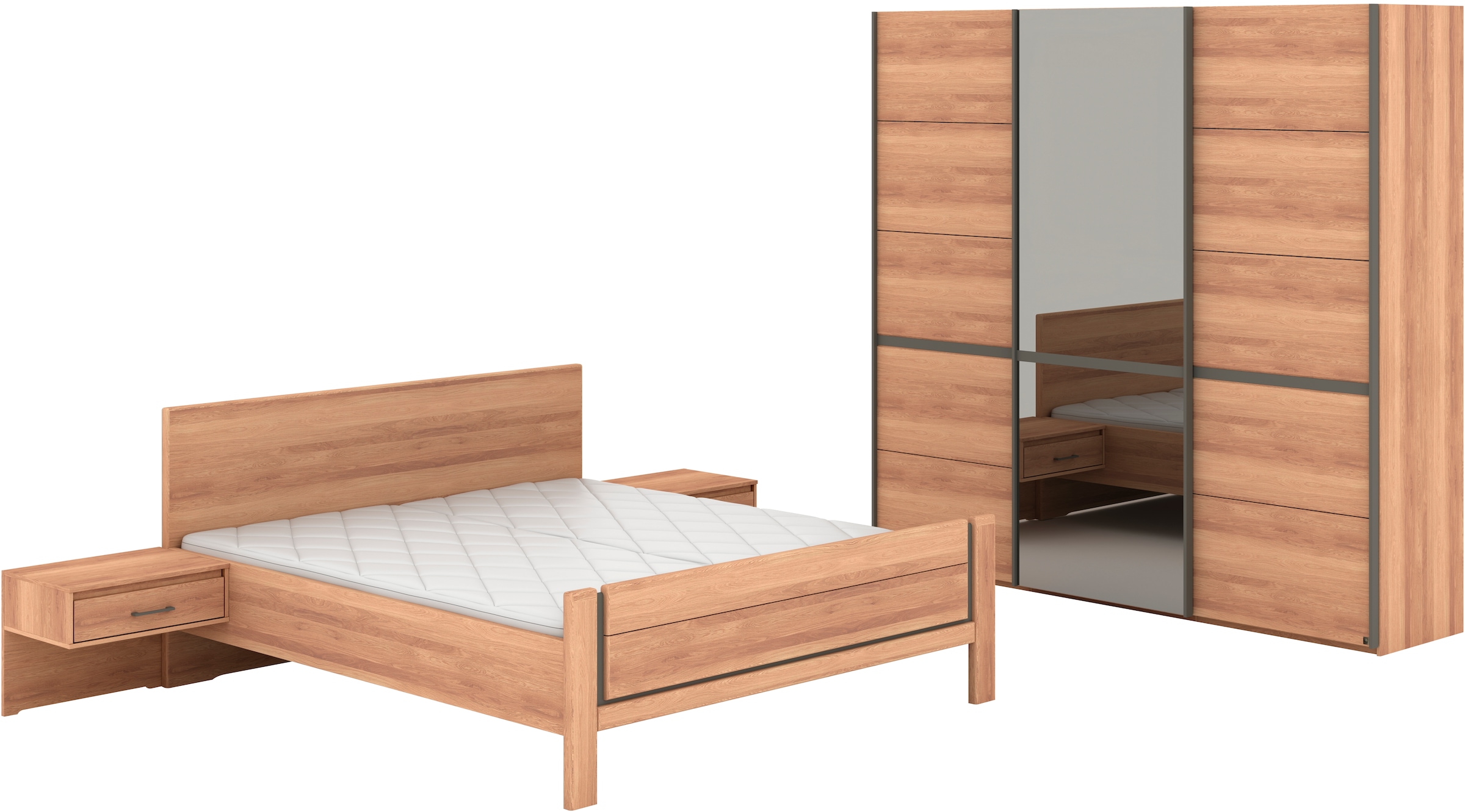 Musterring Schlafzimmer-Set 'Sorrent, Kleiderschrank, Bett & Nachtkommoden, teilmassiv Eiche' 2er-Set Nachtschränke, Schwebetürenschrank 250 cm, Bett 180x200 cm, mit Schwebetürenschrank, Bett mit Stollenfuß, Breite Schrank 250 cm