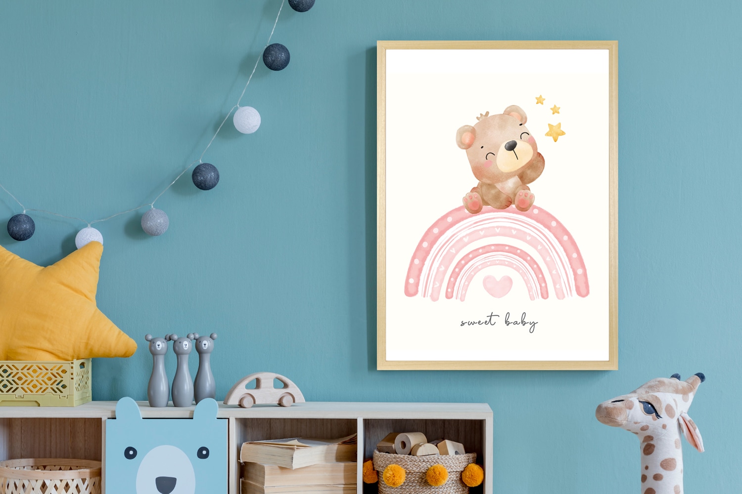 queence Bild mit Rahmen 'Bär auf buntem Regenbogen' Bilder vom Sternenhimmel Bär Bären Herz Herzen Regenbogen Schriftzug Stern Sterne Teddy Tiere 1 Stk. tlg. HD Premium Posterdruck mit Echtholzrahmen