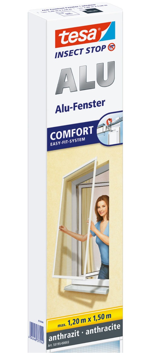 tesa Insektenschutz-Fensterrahmen 'Insect Stop ALU Comfort Fliegengitter für Fenster - 1.2 m : 1.5 m' Packung, Fliegennetz, Aluminiumrahmen, 1 Stk. tlg. Insektenschutz für Fenster - Aluminiumrahmen