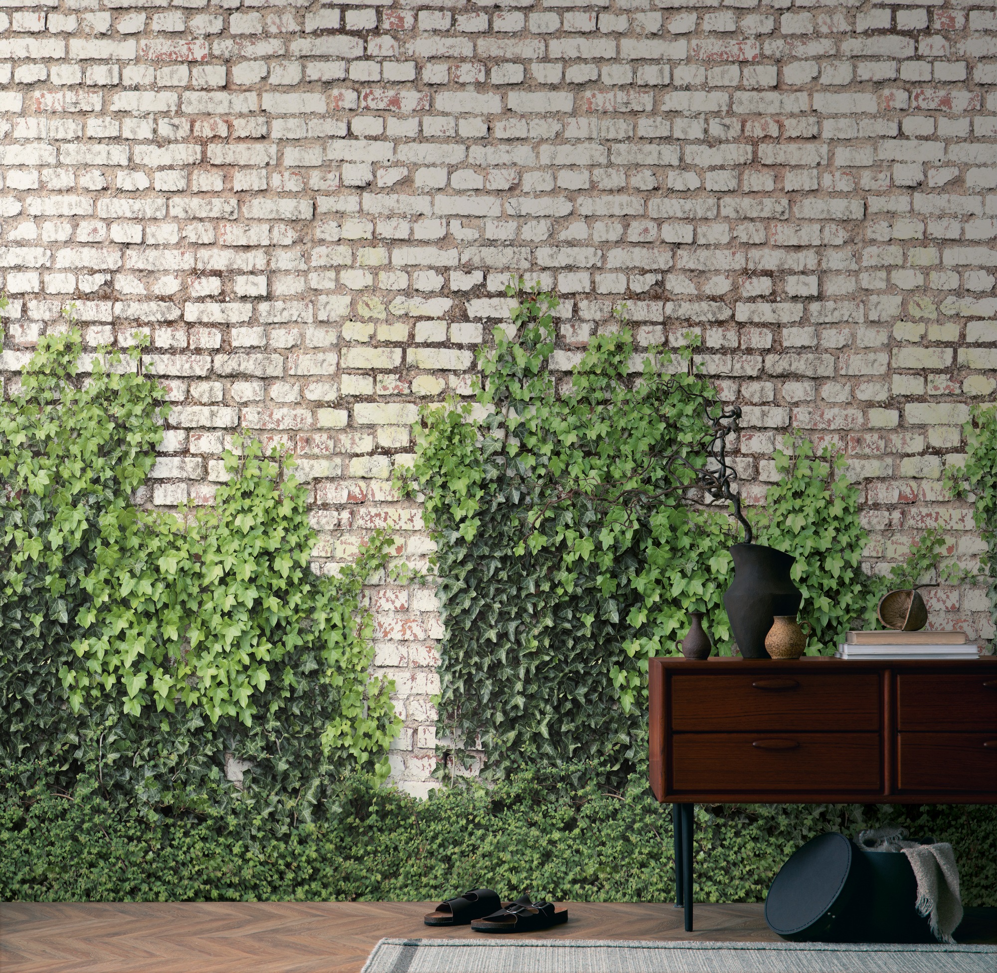 living walls Fototapete 'The Wall 4 Eyecatcher – Steinwand mit Blätterranken Vlies-Fototapete' Steinoptik matt naturalistisch leicht strukturiert Steinwand mit Blätterranken – dekorativer Tiefenwirkung