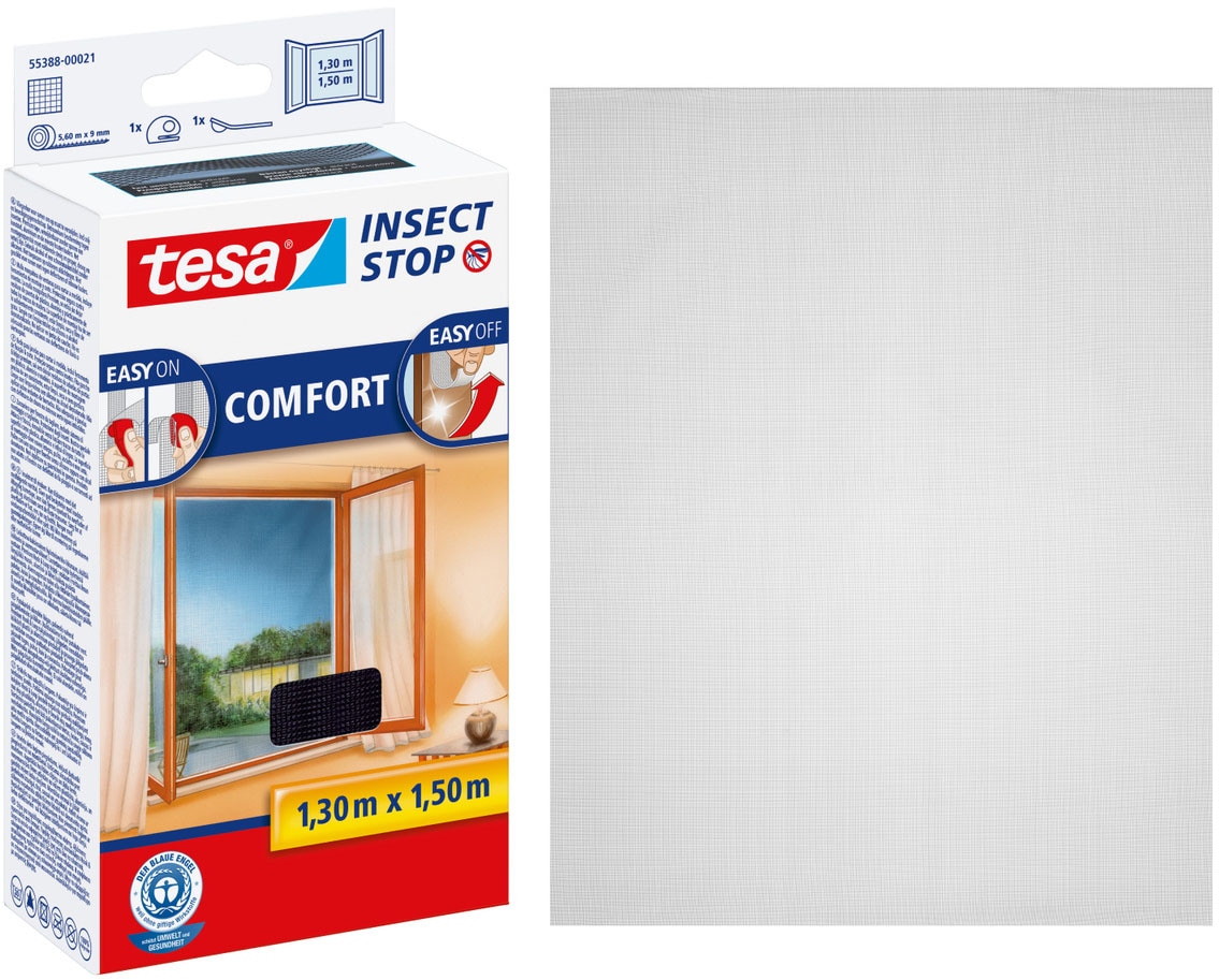 tesa Insektenschutz-Fensterrahmen 'Insect Stop Comfort Fliegengitter für Fenster - 1.3 m x 1.5 m' Packung, Fliegennetz, Klettband, Andrück und Schneidehilfe, 1 Stk. tlg. Insektenschutzgitter - ohne Bohren - zuschneidbar