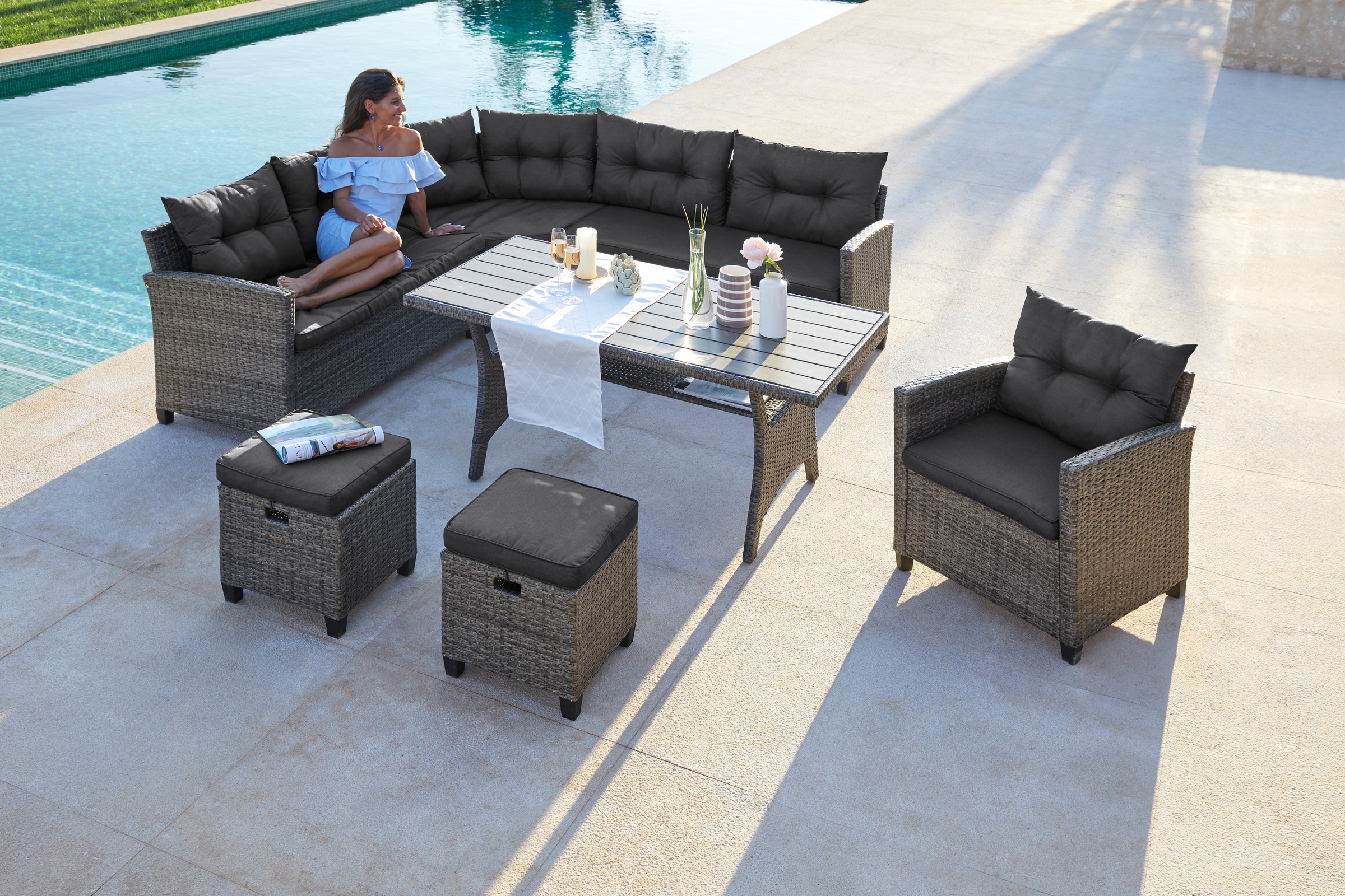 KONIFERA Gartenlounge-Set 'Keros Premium' Set, 2x 2er Sofa, 1x Ecke, 1x Sessel, 2x Hocker, 1x Tisch 145x75x67,5cm, 20 Stk. tlg. Ecklounge, Polyrattan, Stahl, geeignet für 8 Personen, inkl. Auflagen