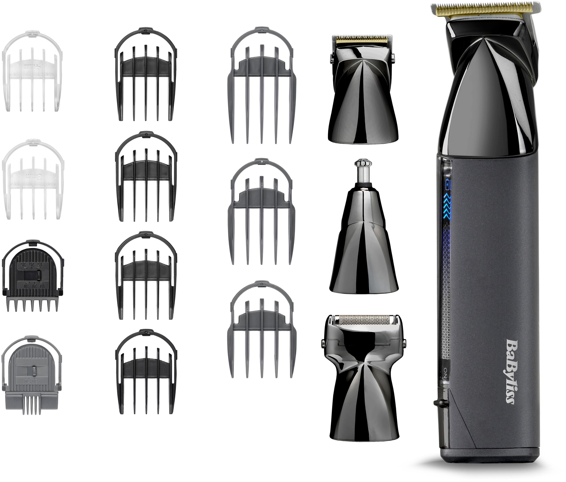BaByliss Multifunktionstrimmer 'BaByliss Super-X Metal 15-in-1 Multitrimmer für Bart & Körper, MT991E' 4 Aufsätze Titan-Klinge, 15 Aufsätze und Kammführungen, USB-Ladestation, kabellos