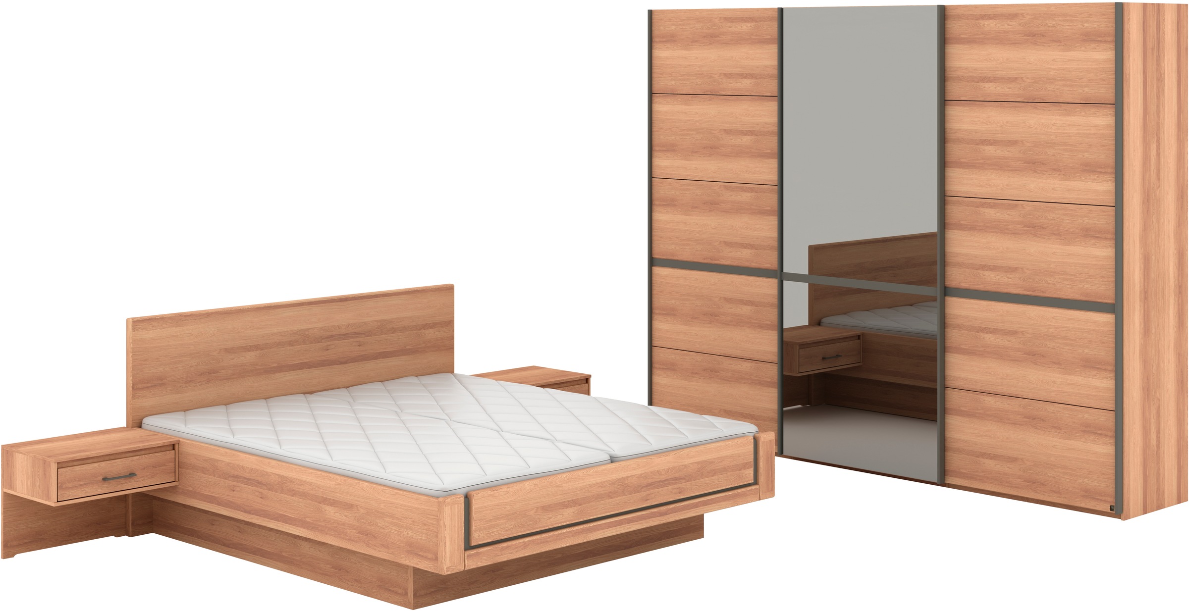 Musterring Schlafzimmer-Set 'Sorrent, Kleiderschrank, Bett & Nachtkommoden, teilmassiv Eiche' 2er-Set Nachtschränke, Schwebetürenschrank 300 cm, Bett 180x200 cm, mit Schwebetürenschrank, Bett schwebende Optik, Breite Schrank 250cm