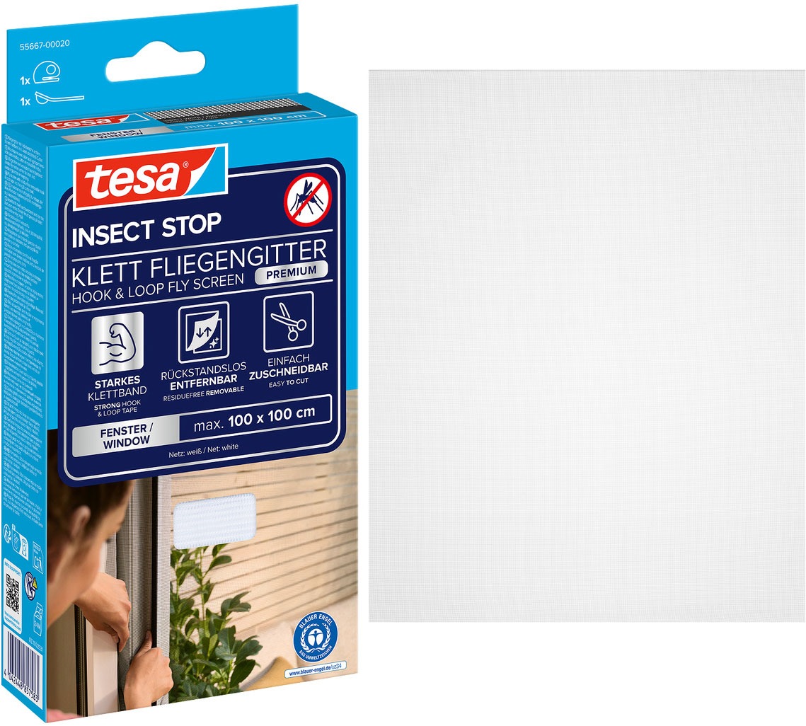 tesa Fliegengitter-Gewebe 'Klett Fliegengitter Premium für Fenster, Insektenschutz mit Klettband' Packung, Fliegennetz, Klettband, Andrück und Schneidehilfe, 1 Stk. tlg. selbstklebende Insektenschutz - 100 cm x 100 cm