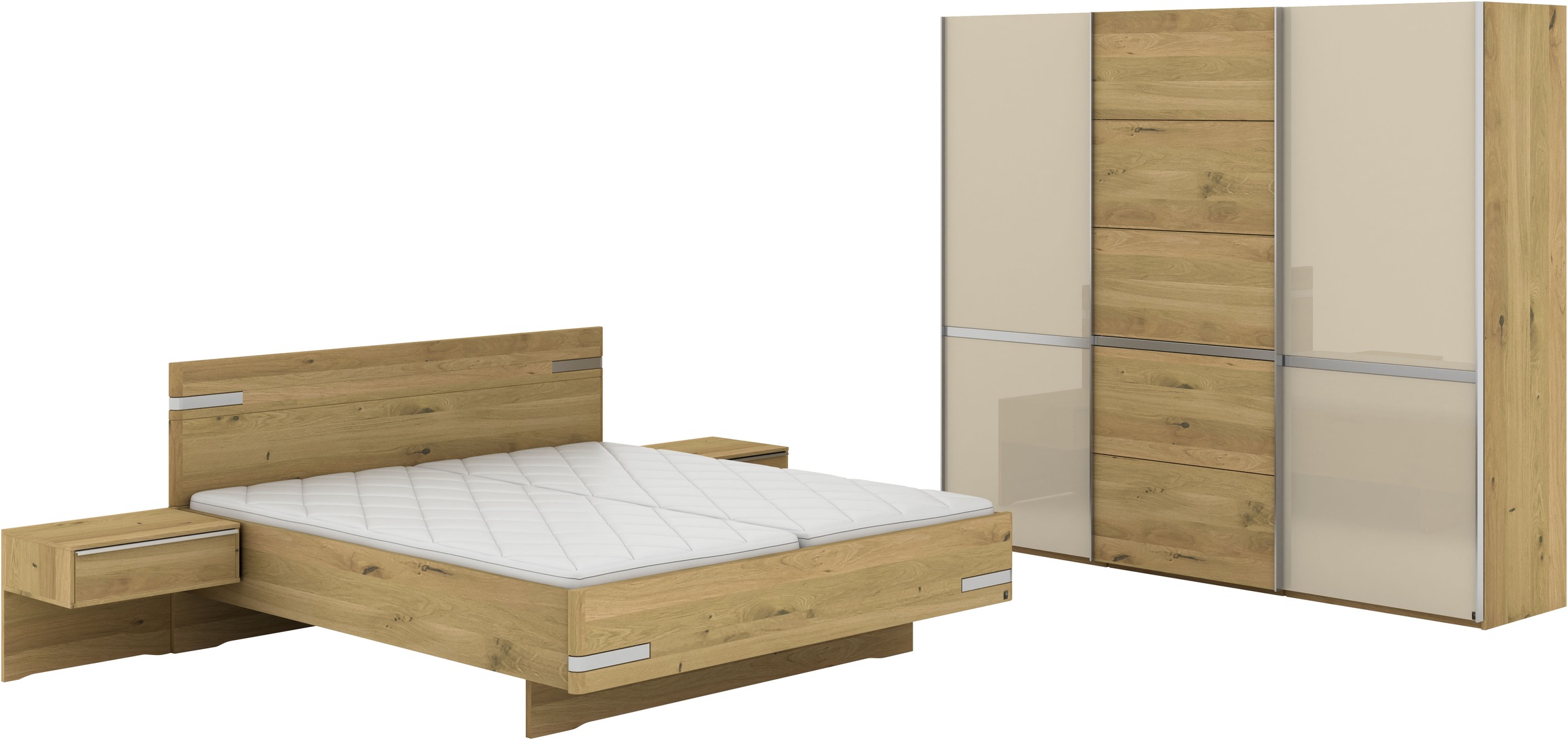 Musterring Schlafzimmer-Set 'Savona, Kleiderschrank, Bett & Nachtkommoden, teilmassiv Bianco-Eiche' 2er-Set Nachtschränke, Schwebetürenschrank, Bett 180x200 cm, Eiche- und Glastüren, Konsolen und Kopfteil Eiche-Bianco, Höhe 217cm