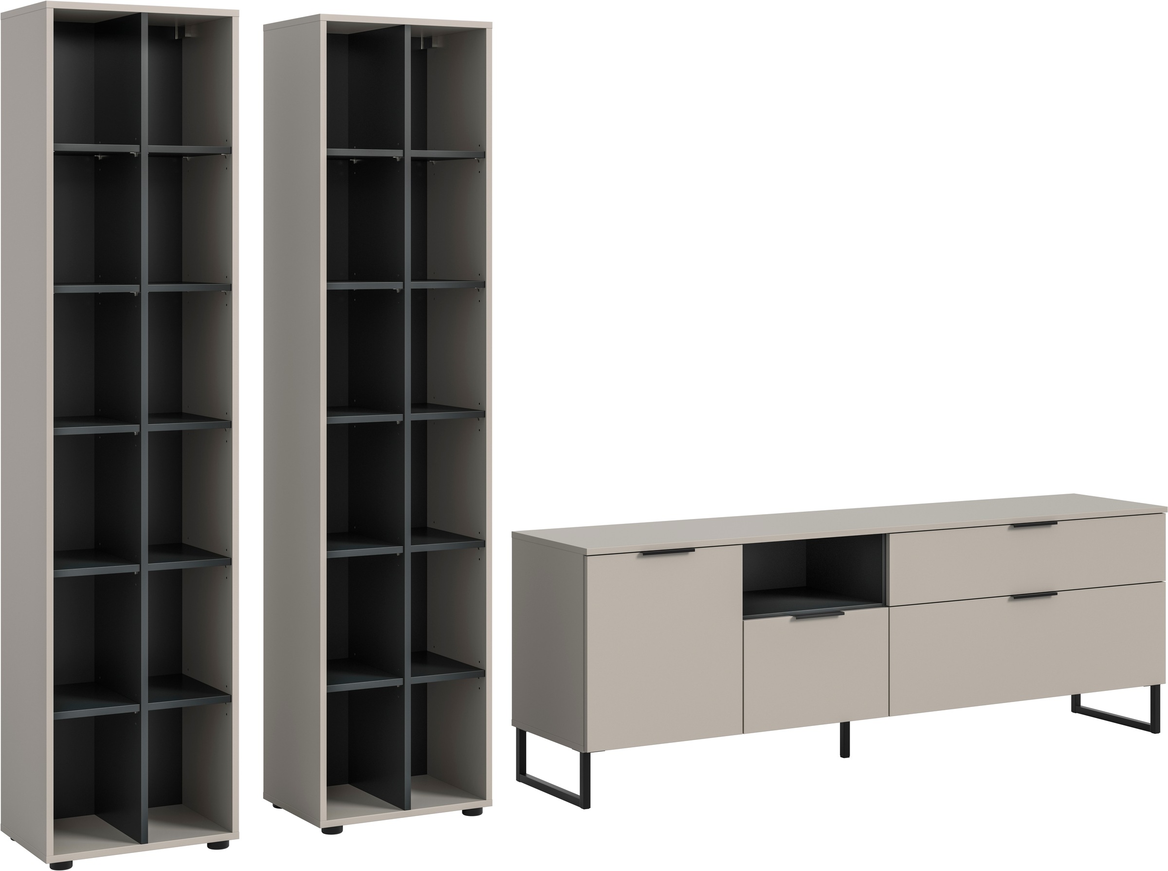 INOSIGN Wohnwand 'ADIO, Breite 305 cm, 3-teiliges Set, mit Metall-Kufenfüße' Set, bestehend aus: 2x Standregal und Lowboard, 3 Stk. tlg. Kombination, Anbauwand, Set, Wohn-Set, Wohnzimmer-Set, Schrankwand