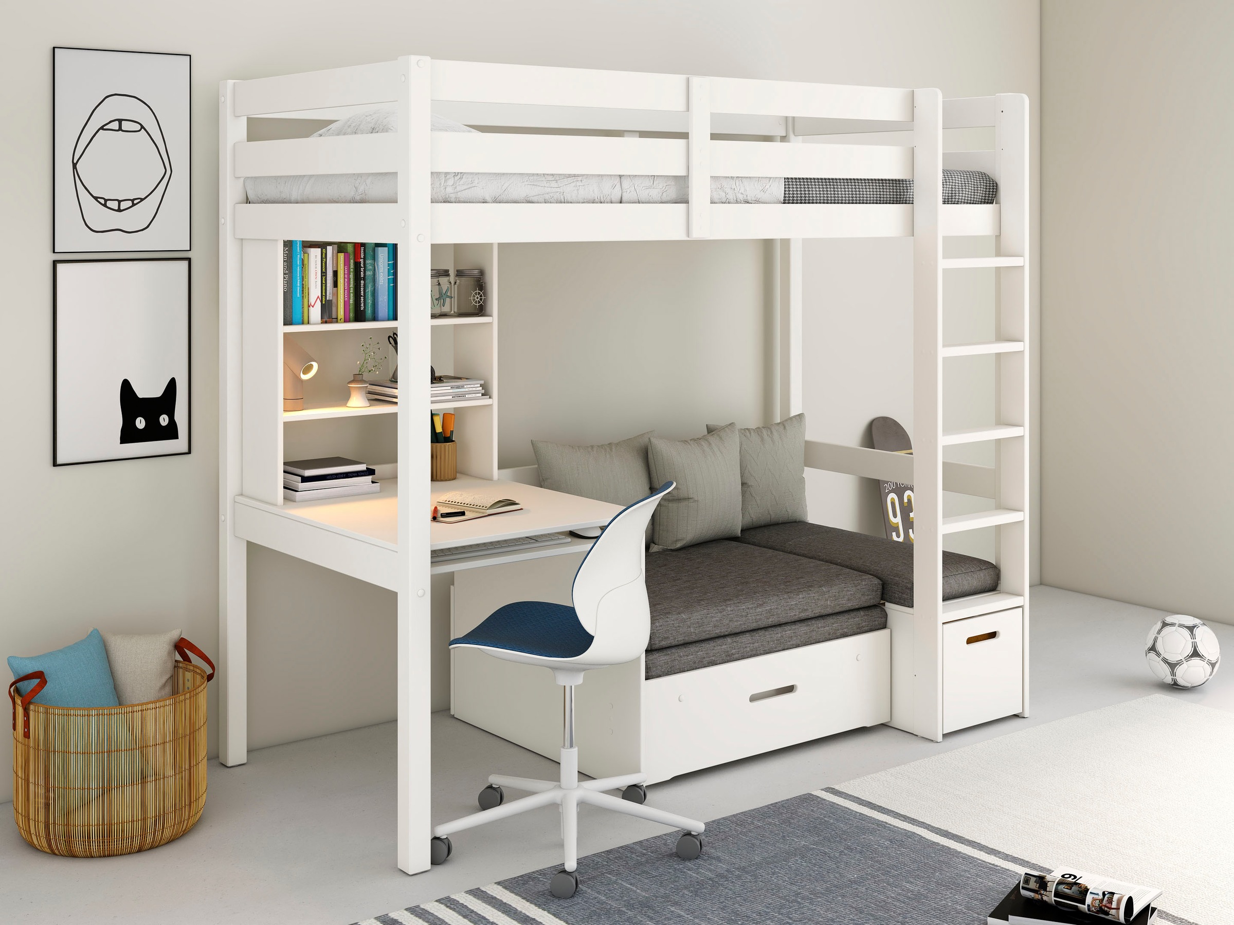 OTTO home Etagenbett 'HENNE Hochbett, Ideal für kleine Räume, 2 Schlafplätze' zweiter Schlafplatz ausziehbar, B/H/T ca. 208/180/105cm, mit Polsterauflagen, Schreibtisch, Stauraum, seitenverkehrt montierbar