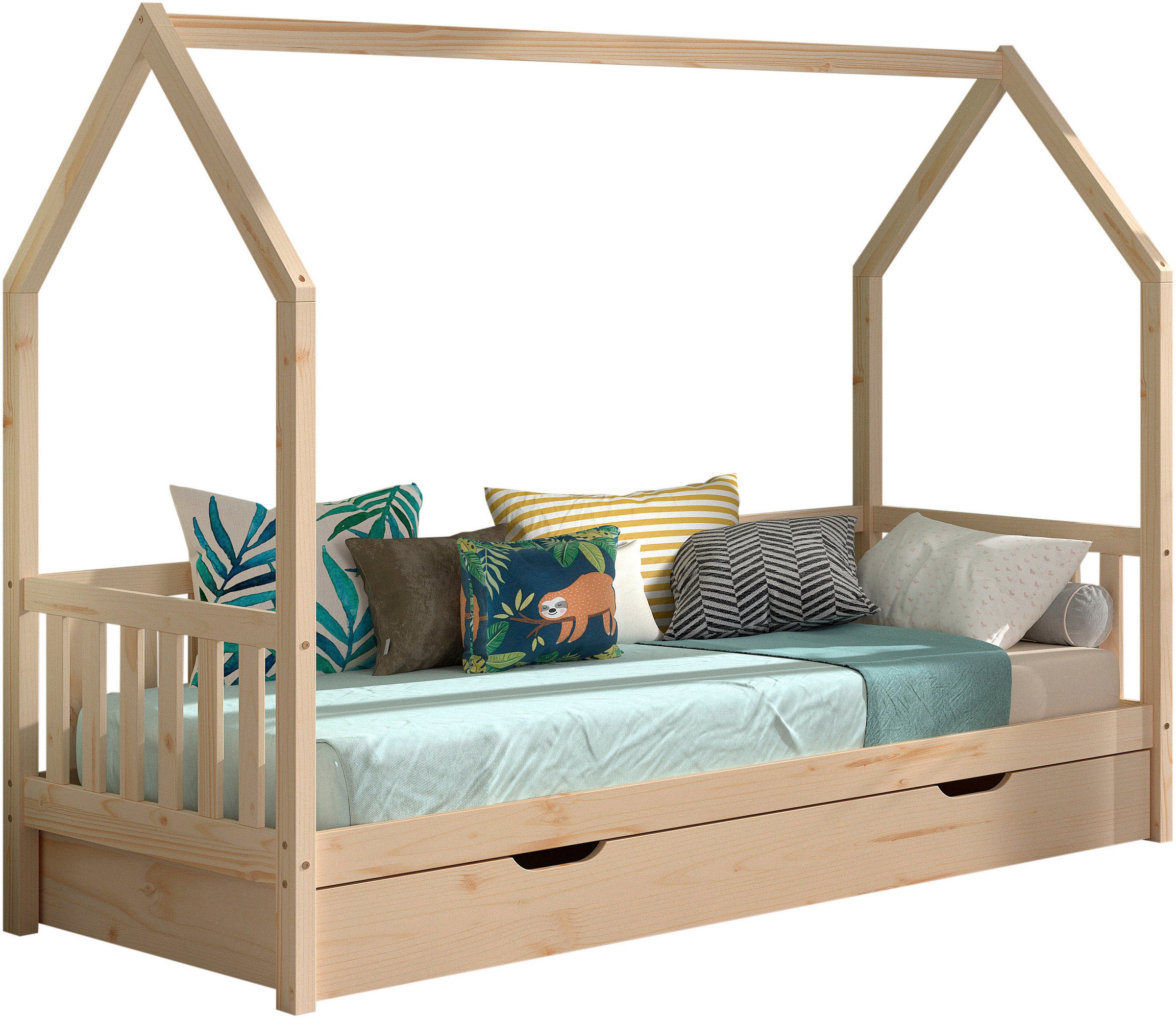 Vipack Hausbett 'Cabane, mit Dachaufbau, Bettschublade auf Rollen u. Sprossenumrandung' (B/H/T ca. 208x169x98 cm) aus massiver Eiche, Oberfläche Natur, sehr stabil und standfest gebaut inkl. Massivholz Rolllattenrost
