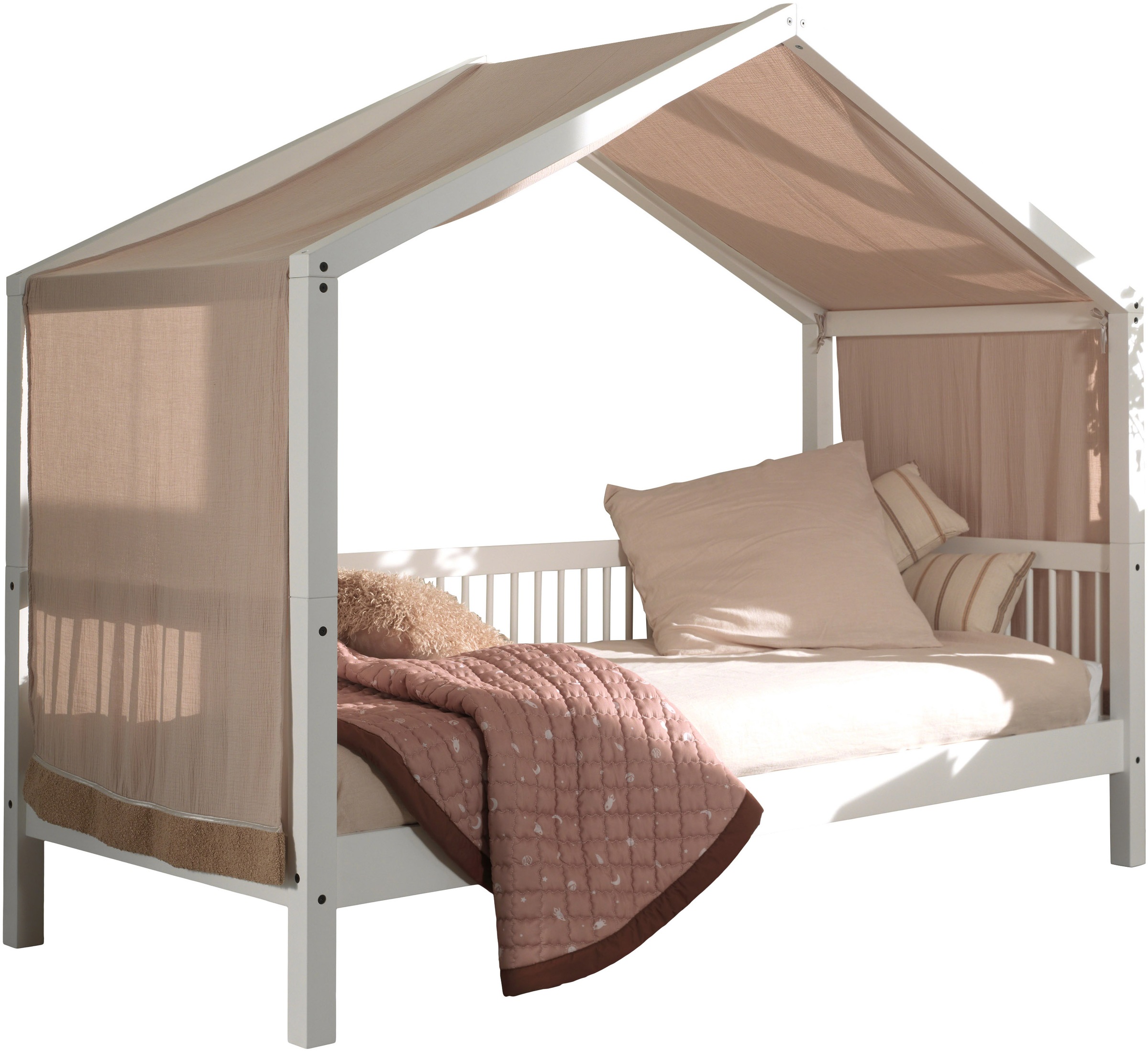 Home affaire Hausbett 'Forrest mit Dachaufbau, Textilhimmel, später umbaubar zum Einzelbett' mit Textilhimmel, Höhe mt Dachaufbau ca. 170cm, 90/200 Buche massiv weiß lackiert, wahlweise mit o. ohne Bettschublade