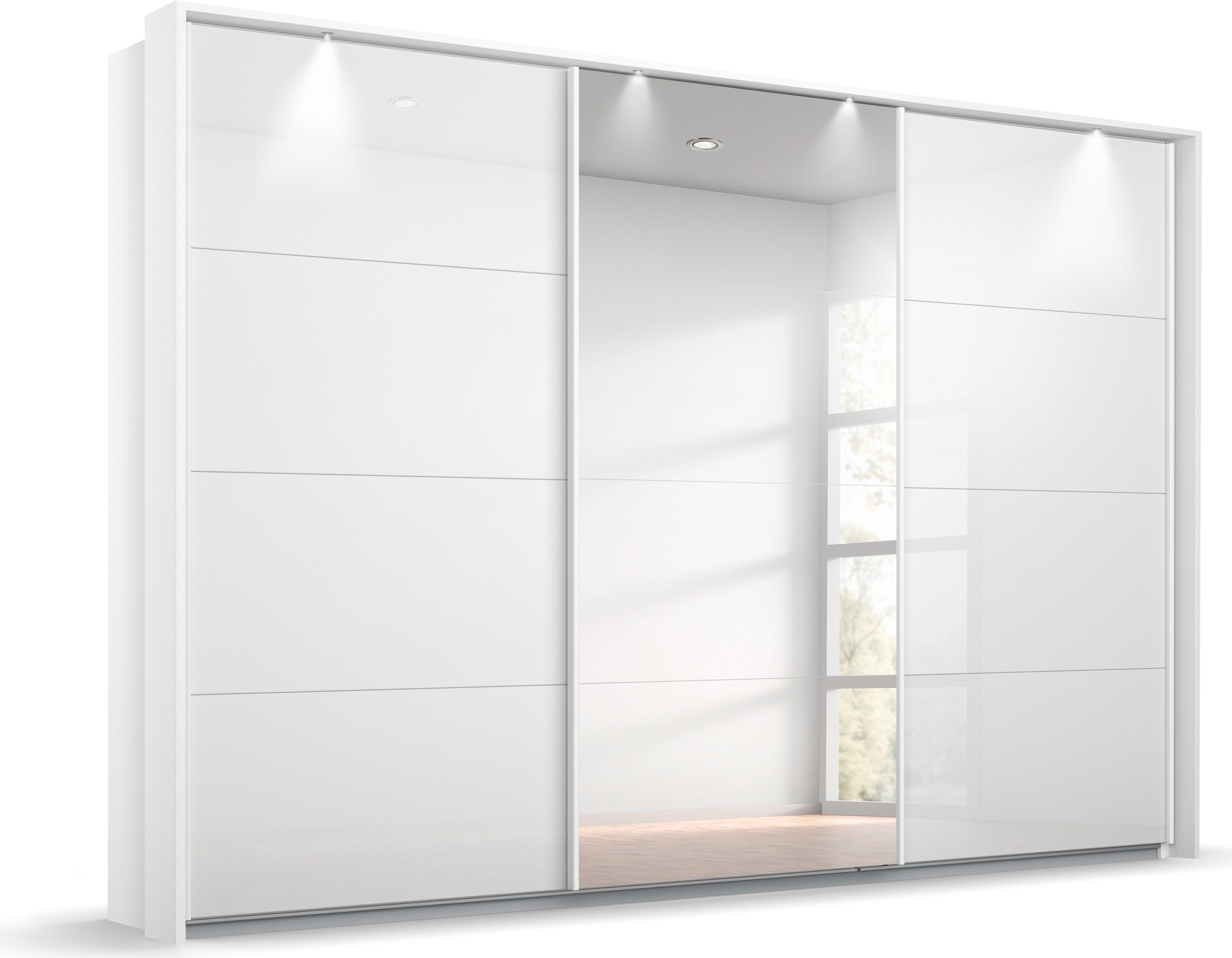 rauch Schwebetürenschrank 'Kleiderschrank Schrank Garderobe OTELI inkl. 3 Innenschubladen' Breiten 211/278/323/368 cm Höhen 214/233 cm, mit Mittelspiegel und Passepartout optional mit Beleuchtung