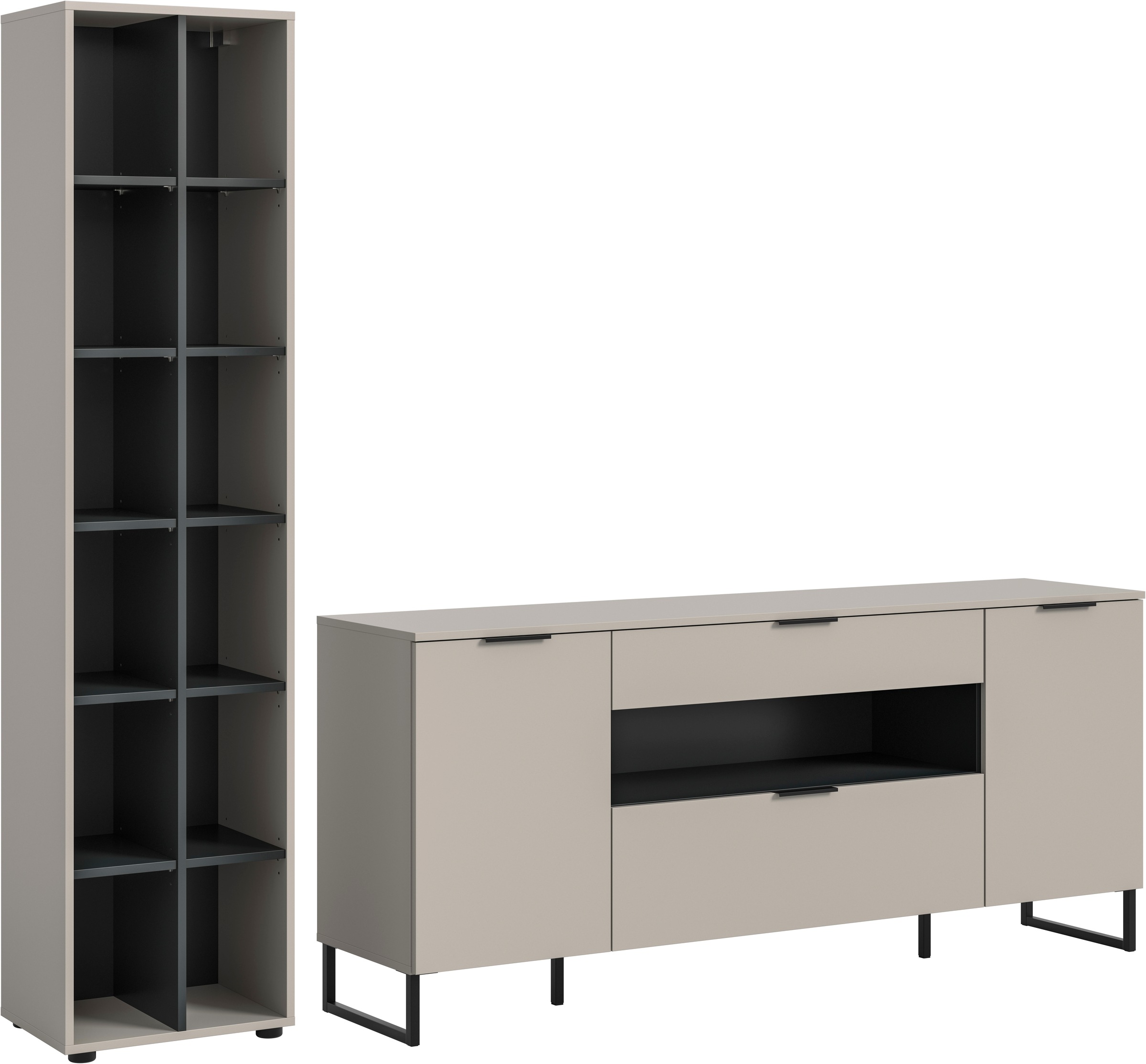 INOSIGN Wohnwand 'ADIO, Breite 245 cm, 2-teiliges Set, mit Metall-Kufenfüße' Set, bestehend aus: Standregal und Sideboard, 2 Stk. tlg. Kombination, Anbauwand, Set, Wohn-Set, Wohnzimmer-Set, Schrankwand