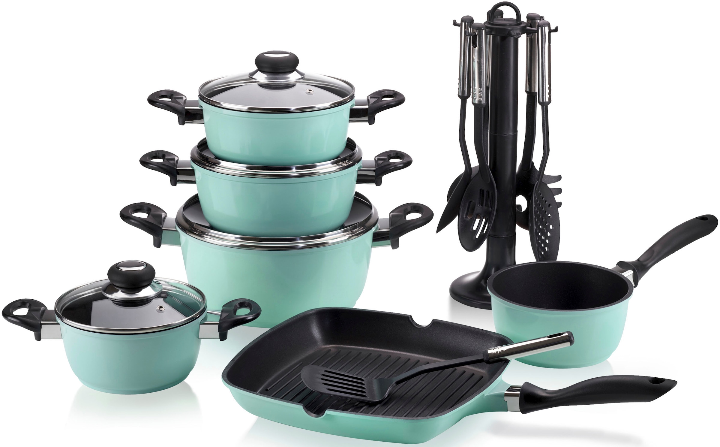 Krüger Topf-Set 'Aluguss Topf- und Pfannenset inkl. praktischen Küchenhelfern, 17 tlg.' Set, Fleischtopf 16/18/20/24cm, Stieltopf 16cm Steakpfanne 7 T.Küchenhelfer, 17 Stk. tlg. Aluminiumguss