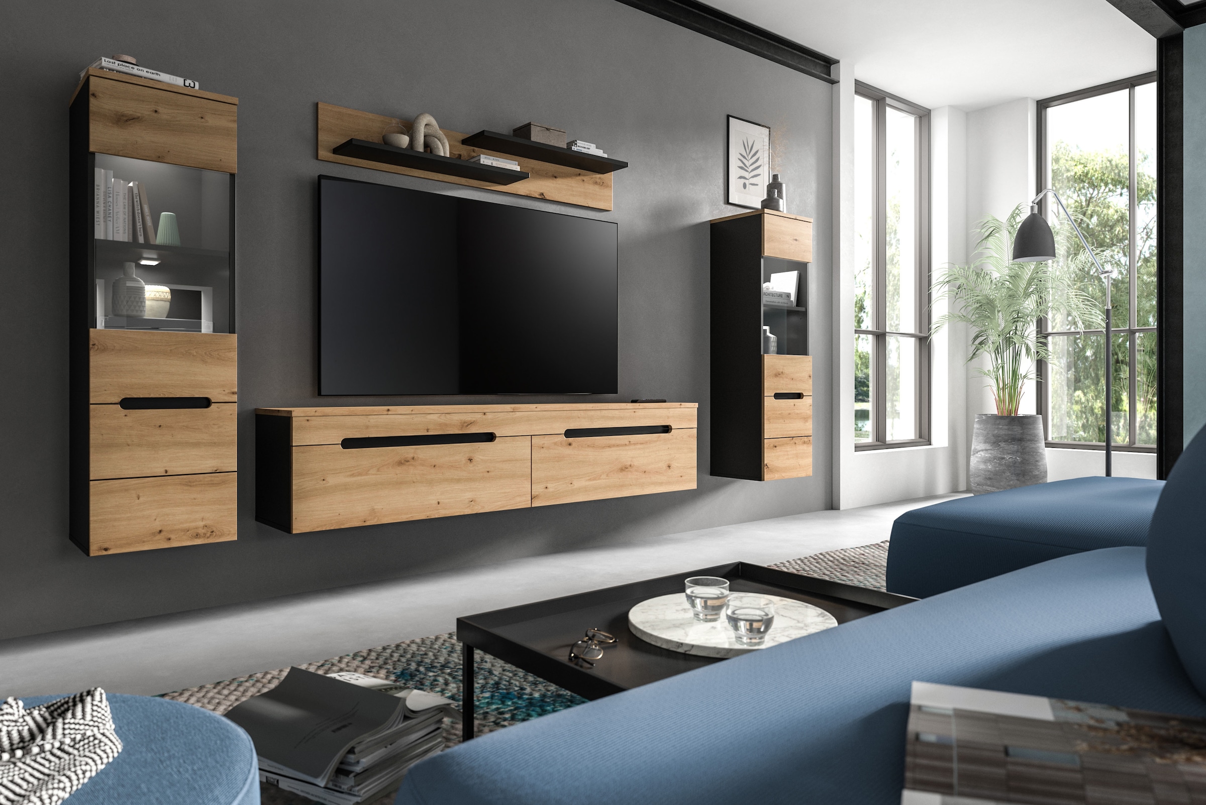 INOSIGN Wohnwand 'REHAT, TOPSELLER, 4-teilig, inkl. Beleuchtung, stehend oder hängend' Set bestehend aus: 2x Vitrine inkl. Beleuchtung, Lowboard & Wandboard, 4 Stk. tlg. Kombination, Anbauwand, Set, Wohn-Set, Wohnzimmer-Set, Schrankwand