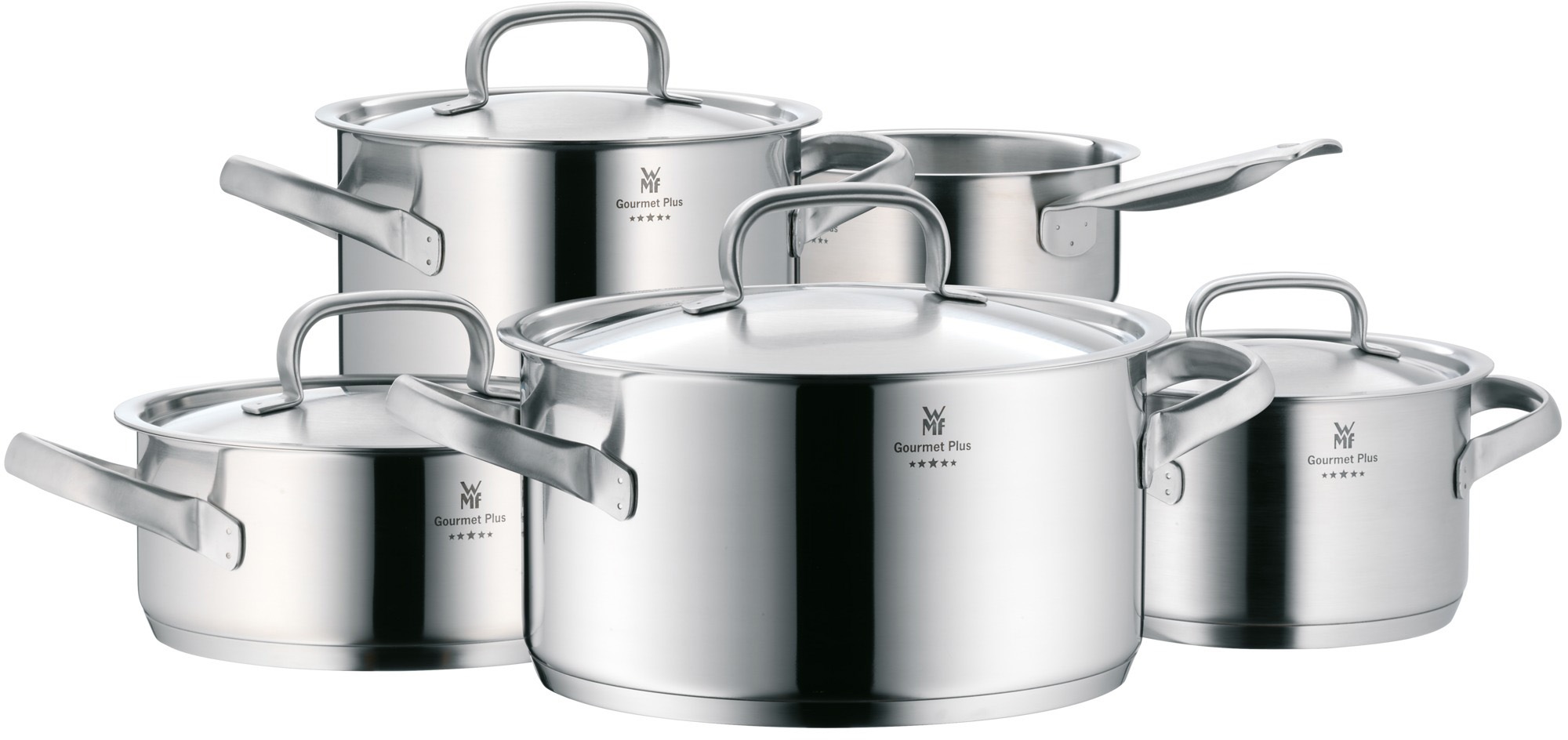 WMF Topf-Set 'Gourmet Plus, Induktions Töpfe Set unbeschichtet mit Metalldeckel' Set, 1 Bratentopf Ø 20 cm, Fleischtopf Ø 16/20/24 cm, Kasserolle Ø 16 cm, 5 Stk. tlg. Cromargan Edelstahl Rostfrei 18/10