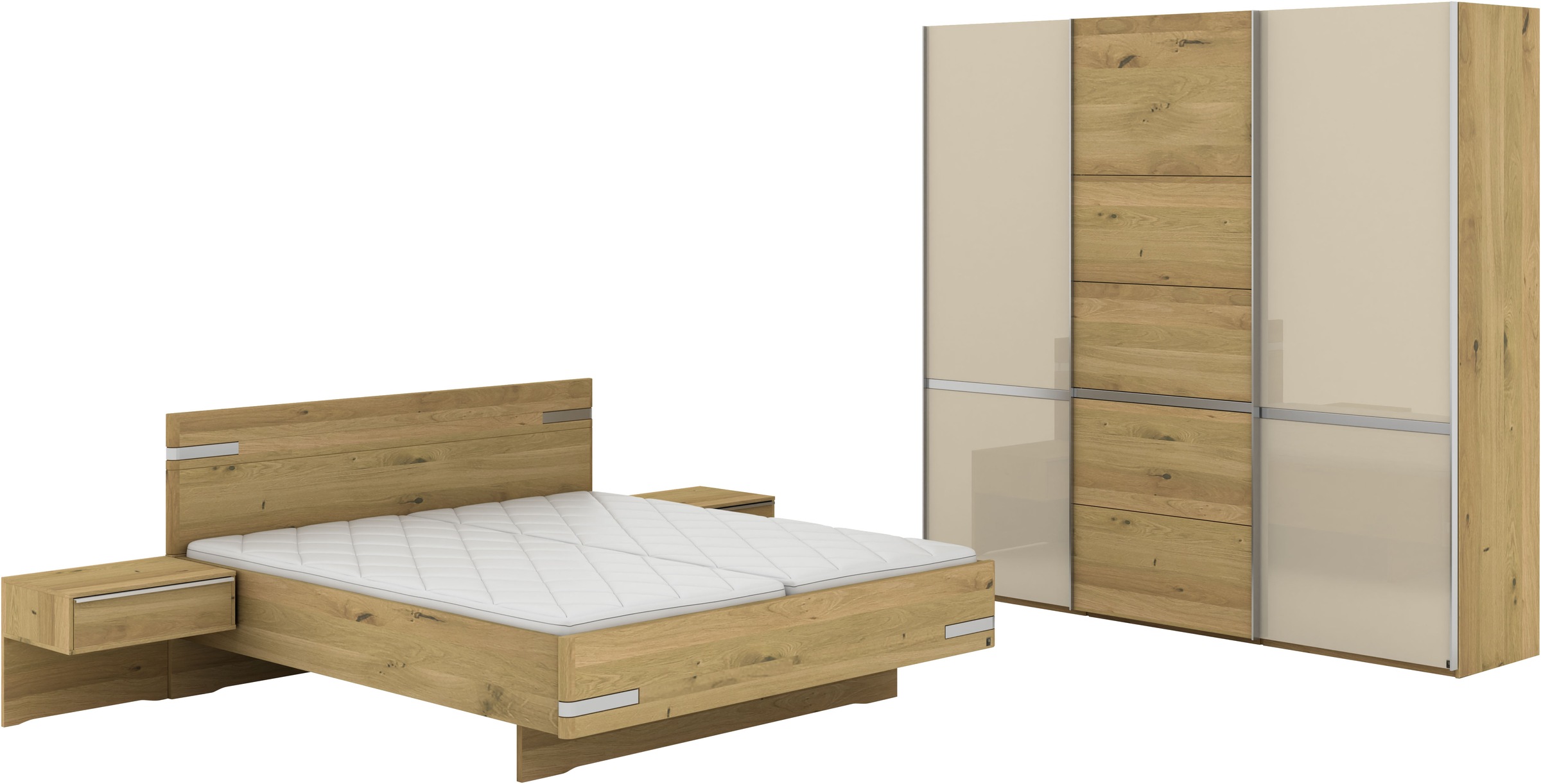 Musterring Schlafzimmer-Set 'Savona, Kleiderschrank, Bett & Nachtkommoden, teilmassiv Bianco-Eiche' 2er-Set Nachtschränke, Schwebetürenschrank, Bett 180x200 cm, Eiche- und Glastüren, Konsolen und Kopfteil Eiche-Bianco, Höhe 236cm