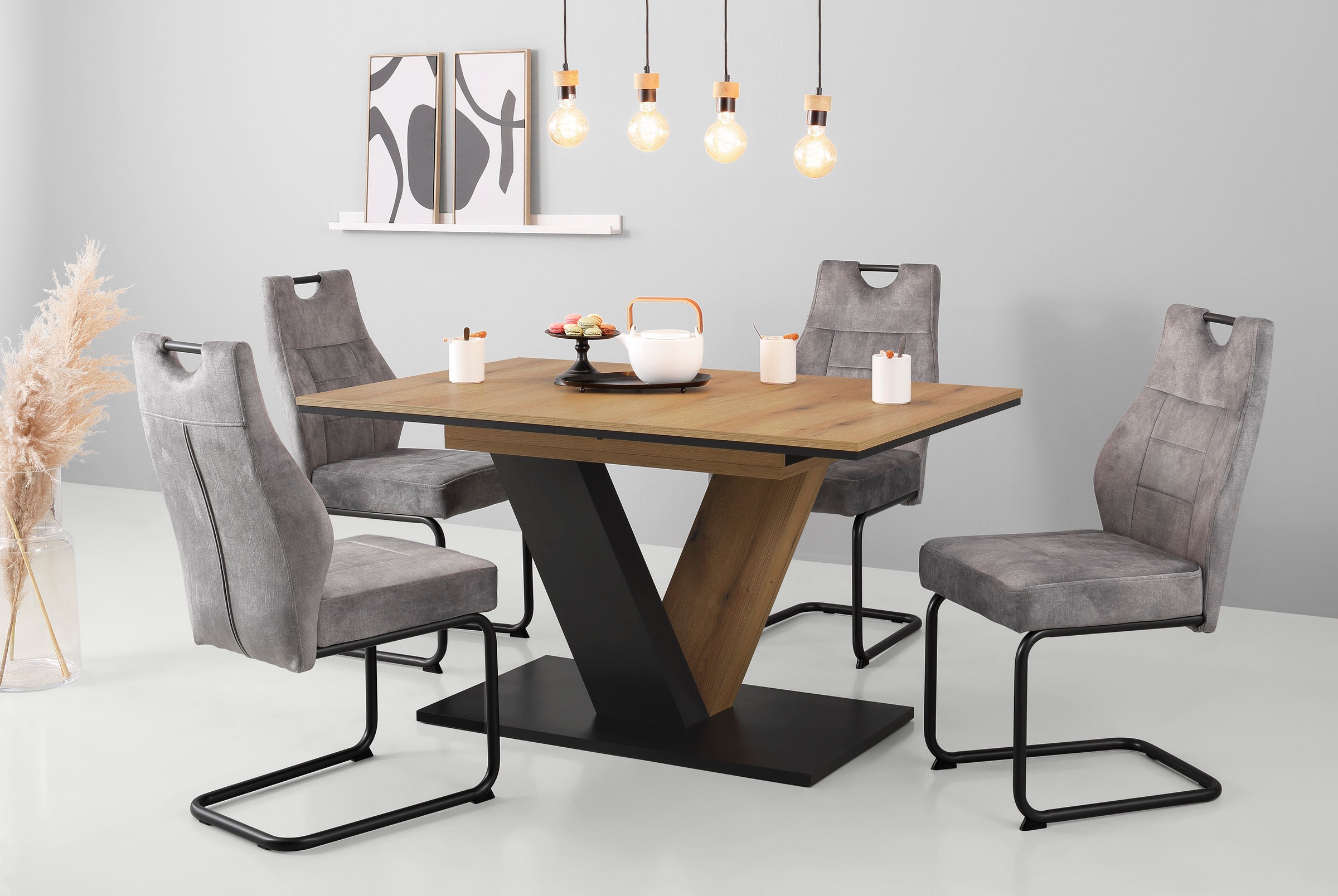 HELA Essgruppe 'EMS Tisch 140-180x90 cm ausziehbar, Esstisch inkl. 4 Stühle' Set, 5tlg. Set, Esstisch plus 4 Esszimmerstühle, 5 Stk. tlg. Ausziehtisch Freischwinger, Stuhl mit Federkern, Bestseller