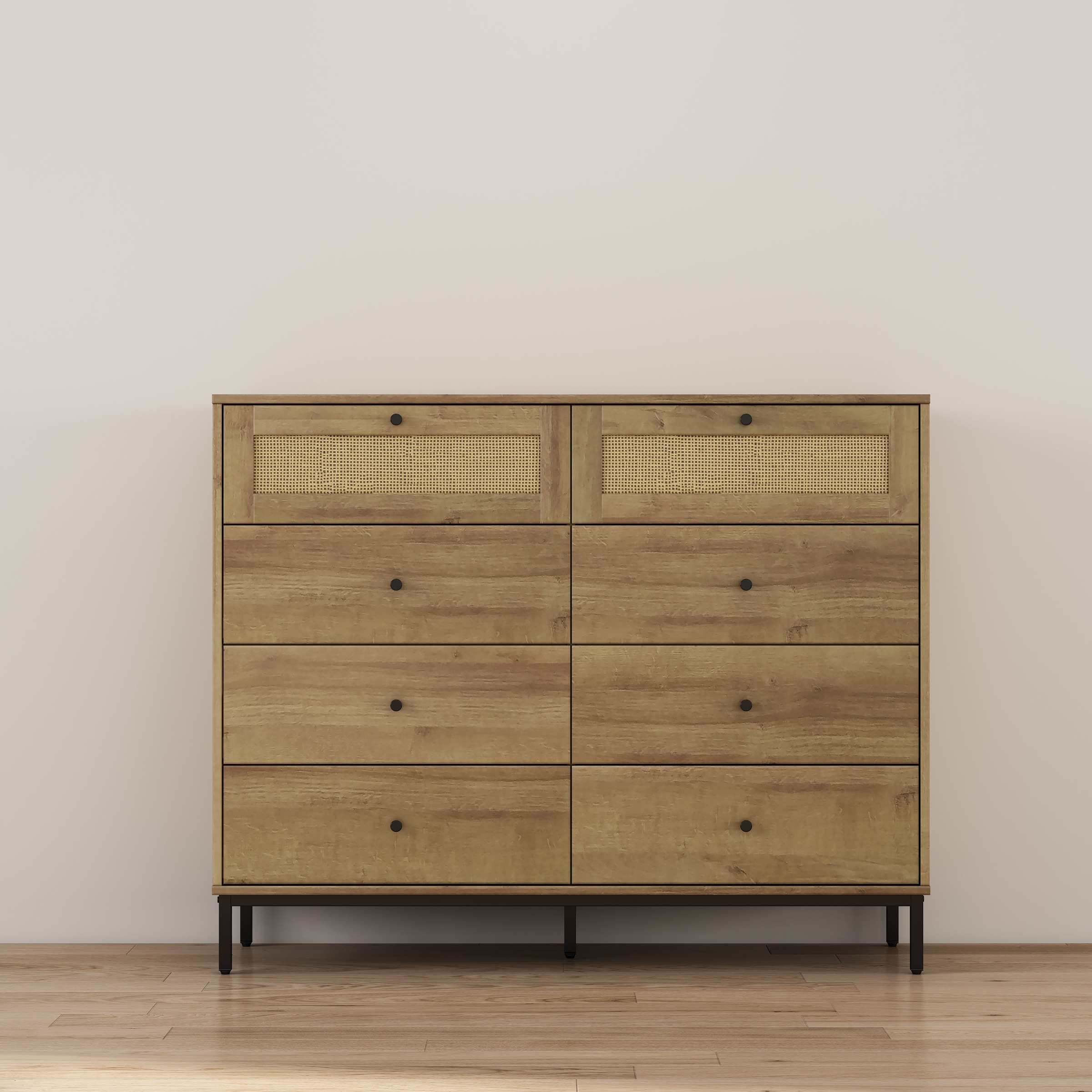 OTTO home Kombikommode 'Motala Wäsche Schrank mit 8 Schubladen Sideboard BOHO Design' Eichen-Design mit schwarzen Griffen und Geflecht Schubladen, Kommode Schrank Wäscheschrank mit 8 Schubladen