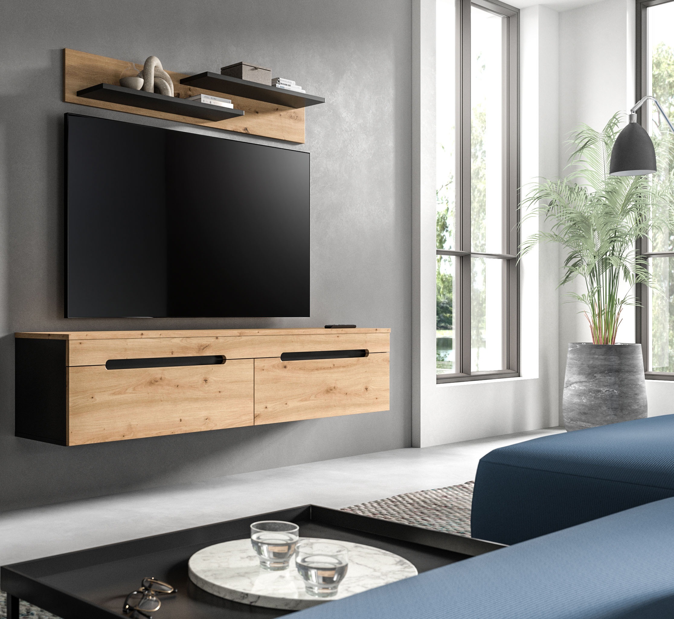 INOSIGN Wohnwand 'REHAT, TOPSELLER, 2-teilig, wahlweise stehend und hängend montierbar' Set bestehend aus: Wandboard (13x19x8 cm) und Lowboard (170x38x33 cm), 2 Stk. tlg. Kombination, Anbauwand, Set, Wohn-Set, Wohnzimmer-Set, Schrankwand