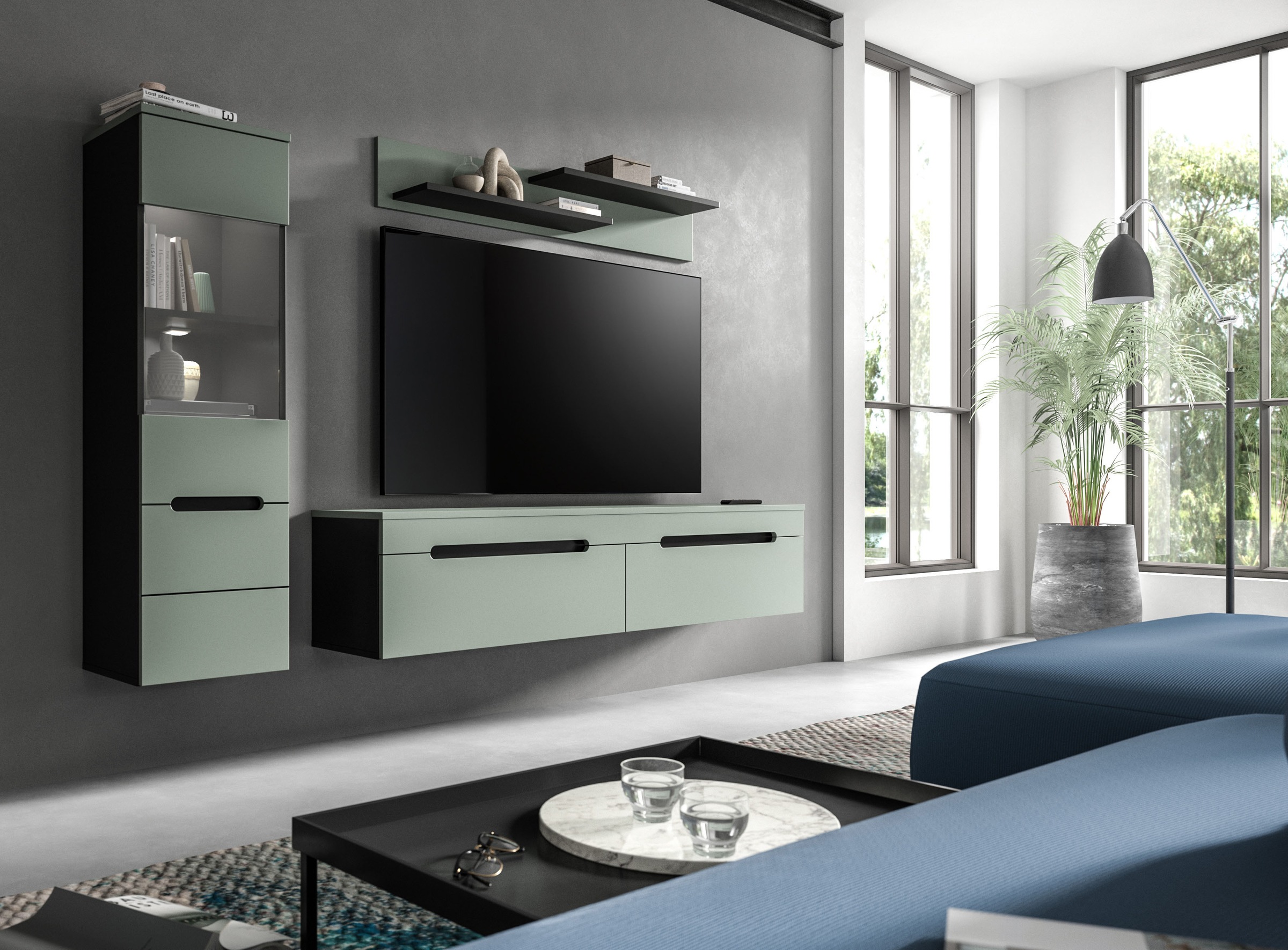 INOSIGN Wohnwand 'REHAT, TOPSELLER, 3-teilig, inkl. Beleuchtung, stehend oder hängend' Set bestehend aus: Vitrine inkl. Beleuchtung, Lowboard und Wandboard, 3 Stk. tlg. Kombination, Anbauwand, Set, Wohn-Set, Wohnzimmer-Set, Schrankwand