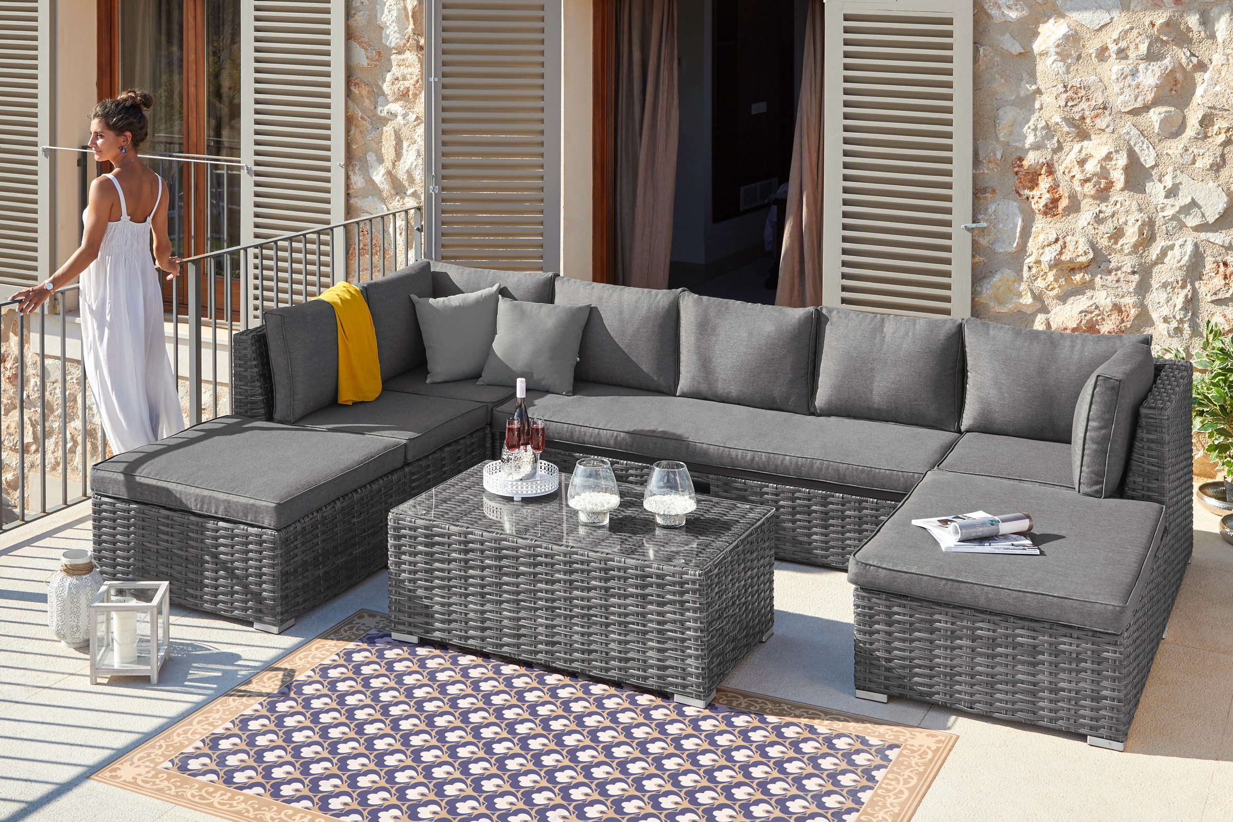KONIFERA Gartenlounge-Set 'New York' 1x 3er AZ-Sofa, 1x Ecke, 1x Sessel, 1x Ottomane mit Staufach, 1x Tisch, 21 Stk. tlg. Tisch 110x65 cm, Aluminium,Polyrattan,individuell stellbar,10 Personen
