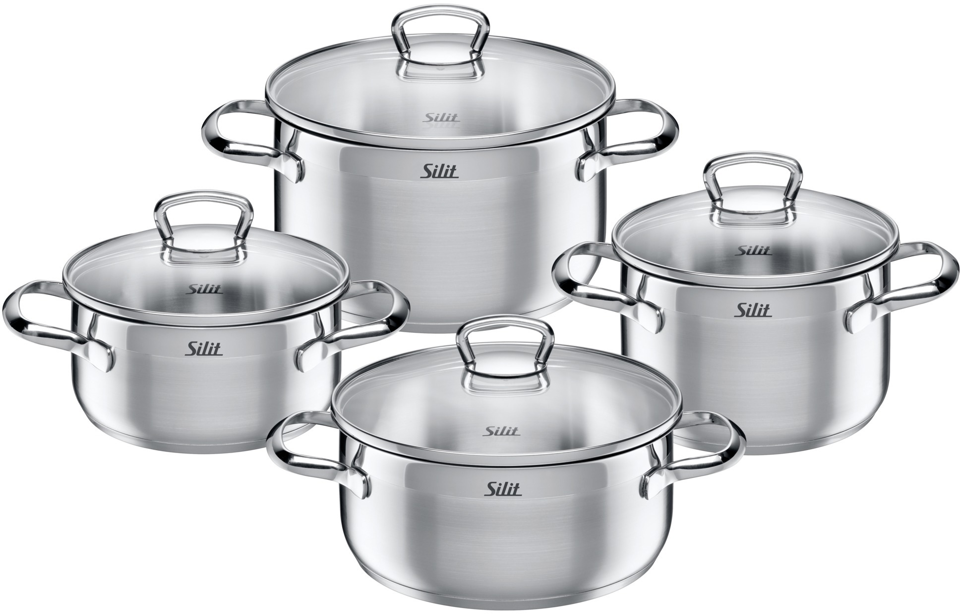 Silit Topf-Set 'Toskana Induktion, Kochtopf Set mit Glasdeckel, teilmattiert' Edelstahl 18/10 Set, je 1 Bratentopf Ø 16/20 cm, je 1 Fleischtopf Ø 16/20 cm, 8 Stk. tlg. Induktions Töpfe Set, für alle Herdarten geeignet, ohne Skalierung