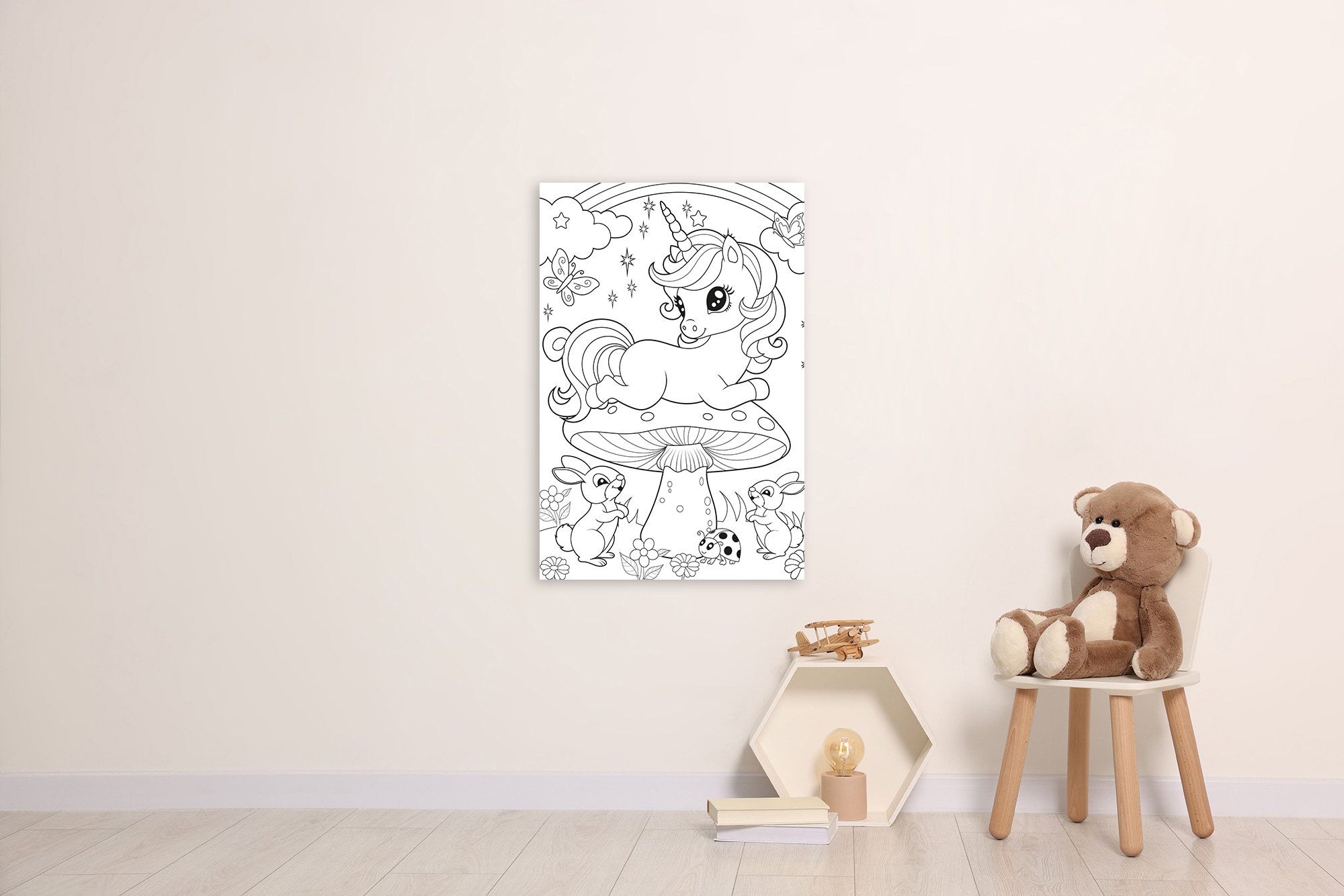 queence Bild 'Einhorn auf Fliegenpilz' Blätter Blätterbilder Einhorn Figuren Mädchen Märchen Märchenbilder Regenbogen Schmetterlinge klassische Fantasie 1 Stk. tlg. DIY Wandbild aus Dibond