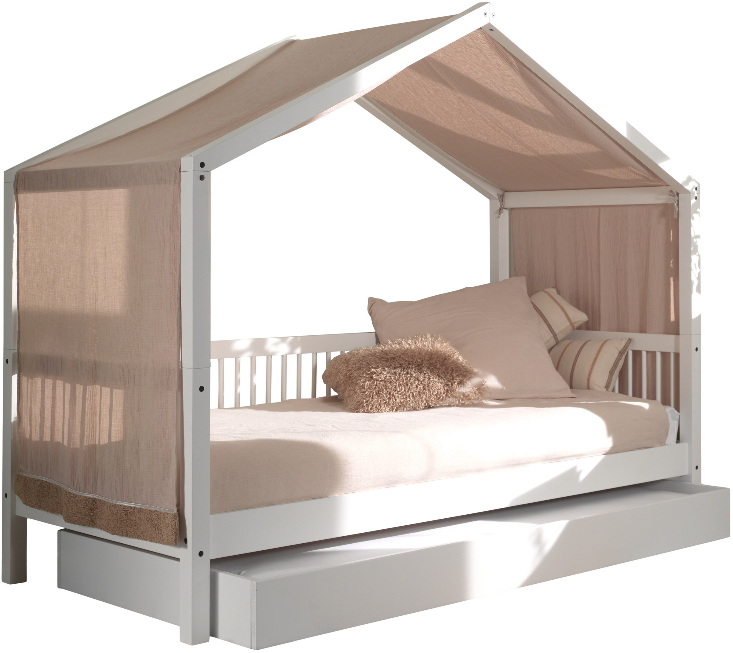 Vipack Hausbett 'Forrest mit Dachaufbau, Textilhimmel, später umbaubar zum Einzelbett' mit Textilhimmel, Höhe mt Dachaufbau ca. 170cm, 90/200 Buche massiv weiß lackiert, wahlweise mit o. ohne Bettschublade
