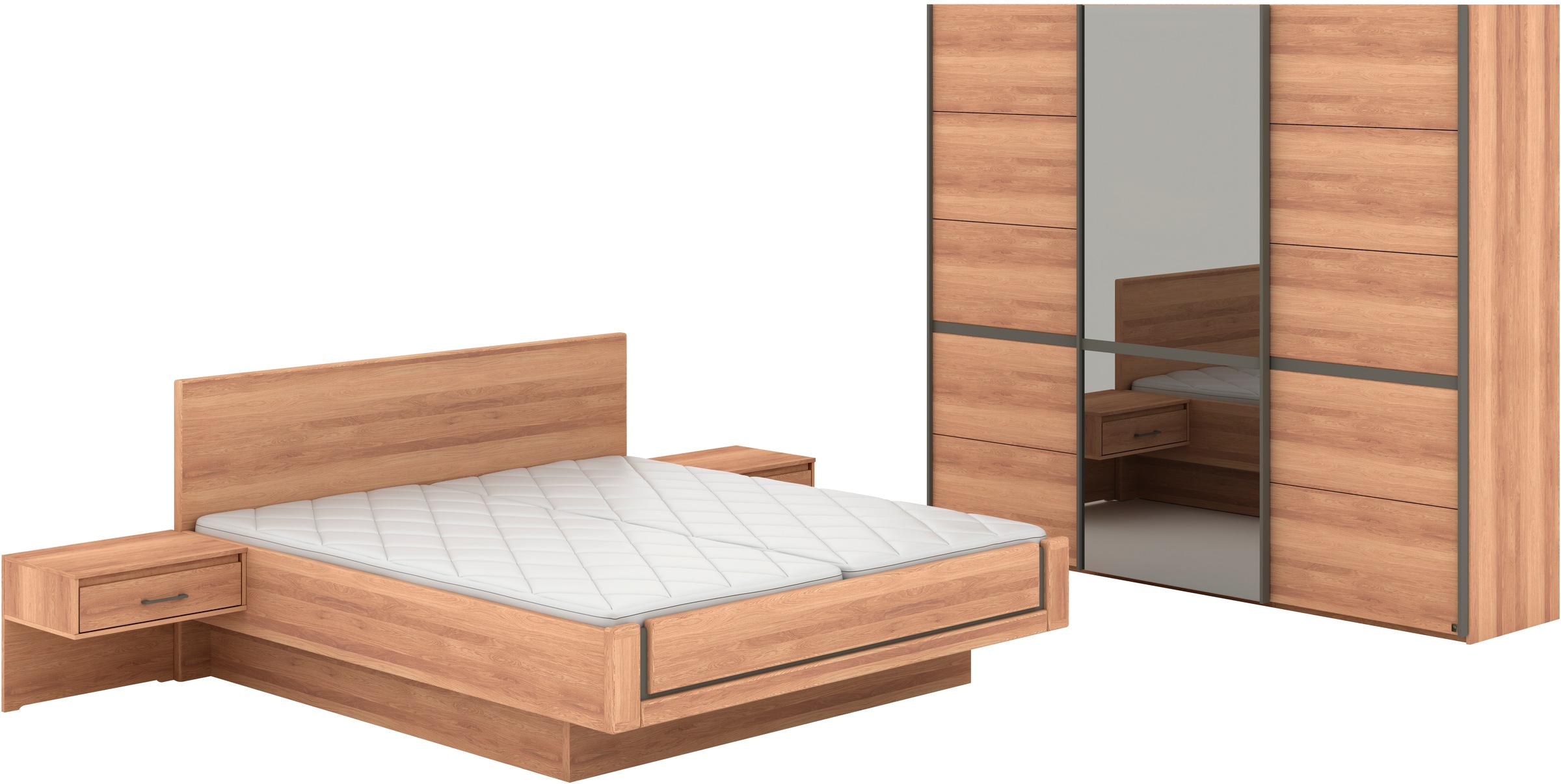 Musterring Schlafzimmer-Set 'Sorrent, Kleiderschrank, Bett & Nachtkommoden, teilmassiv Eiche' 2er-Set Nachtschränke, Schwebetürenschrank 250 cm, Bett 180x200 cm, mit Schwebetürenschrank, Bett schwebende Optik, Breite Schrank 250cm