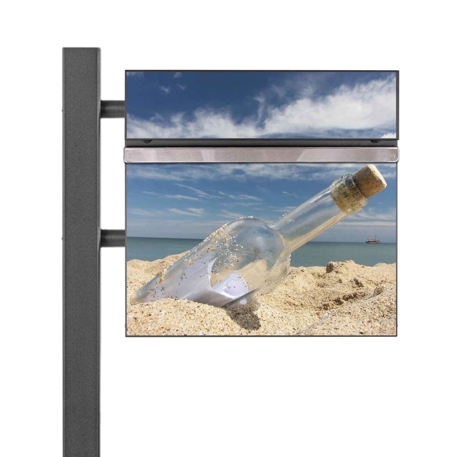 Banjado Standbriefkasten Anthrazit 45x120x16.5cm Groß Inkl. Montagematerial & 2 Schlüsseln Motiv Flaschenpost