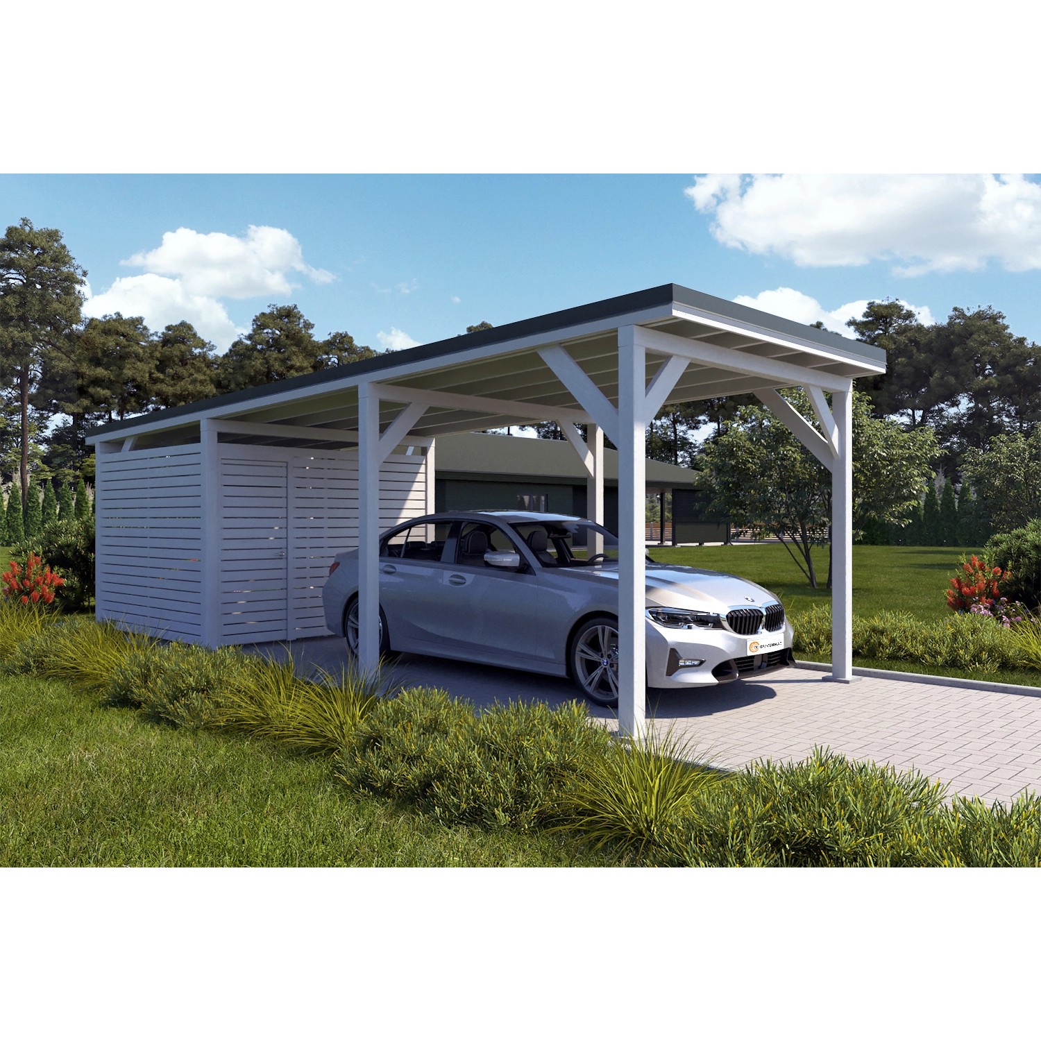 Holzbrüder Carport Ralf 26m² mit Geräteraum Reinweiß-Dornengrün