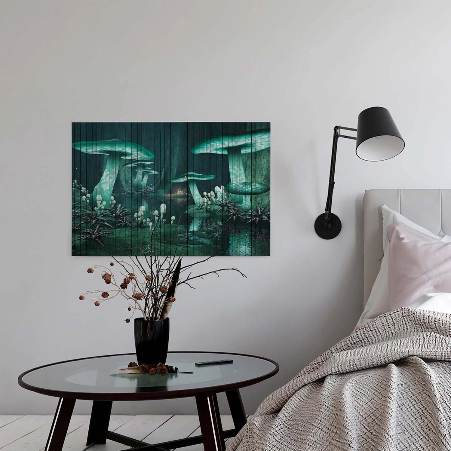 Bricoflor Leinwand Bild Mit Zauberwald In Petrol Keilrahmen Bild Mit Fliegenpilz Und Märchenwald Für Schlafzimmer Ausgefallenes Wandbild In Holz Optik