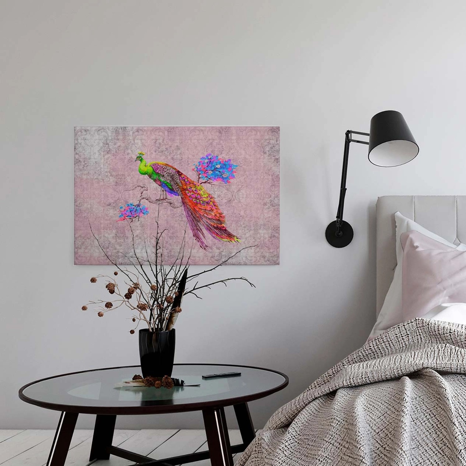 Bricoflor Pfau Bild Auf Leinwand Bunt Vogel Bild Im Vintage Stil Für Esszimmer Und Schlafzimmer Paradiesvogel Wandbild Mit Ornament In Rosa
