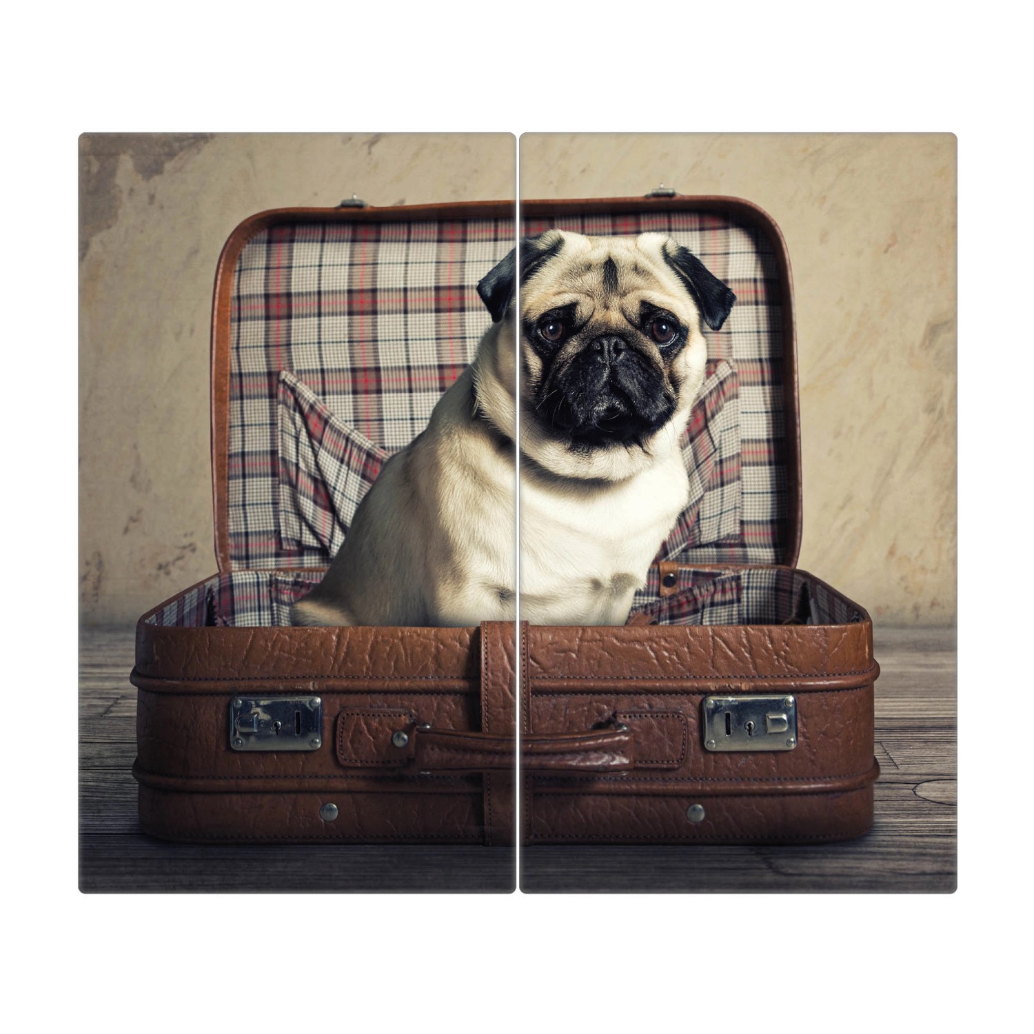 Banjado Herdabdeckplatte Glas 2 Teilig Je 30x52CM Schneidebrett Herdabdeckung Mit Motiv Mops Im Koffer