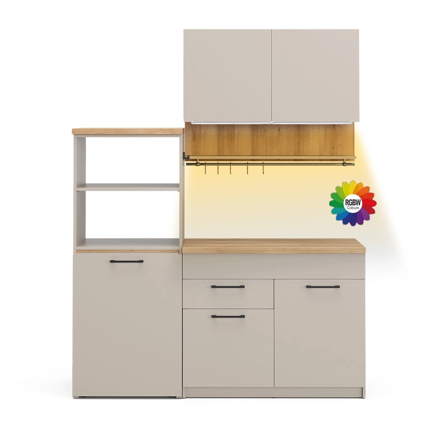 Vicco Egbert SingleKüche Greige 160 cm mit Ausziehbarem Tisch mit LED-LeistenEgbert ohne E-Geräte